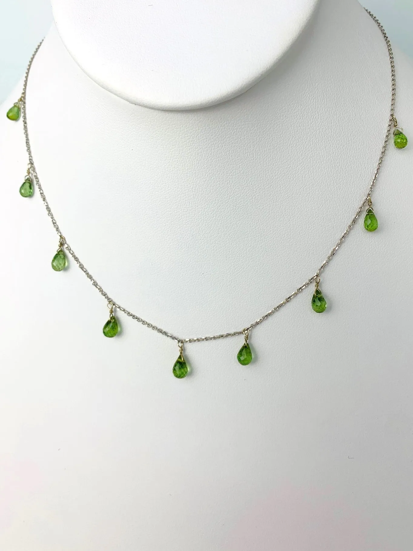 16"-17" Green Tourmaline 9 Station Dangly Necklace in 14KW - NCK-620-DNGGM14W-GT-17