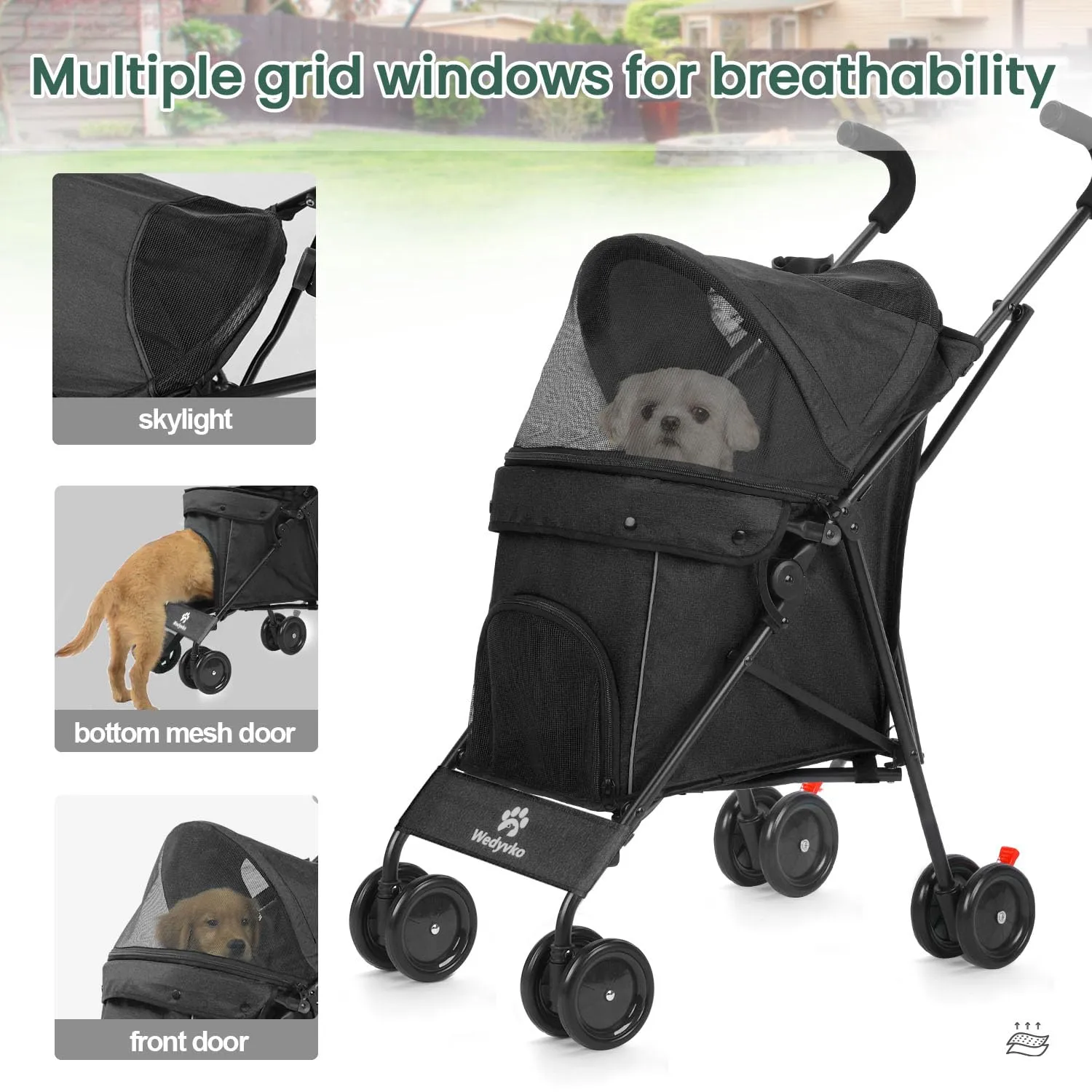 3 in 1 Pet Stroller for Small Dogs and Cats, Foldable Pet Stroller with Adjustable Handle, 6 Wheels, Breathable Mesh, Large Capacity, Easy to Carry, Green (Black)