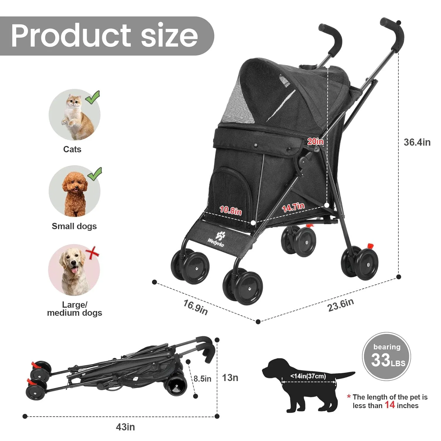3 in 1 Pet Stroller for Small Dogs and Cats, Foldable Pet Stroller with Adjustable Handle, 6 Wheels, Breathable Mesh, Large Capacity, Easy to Carry, Green (Black)