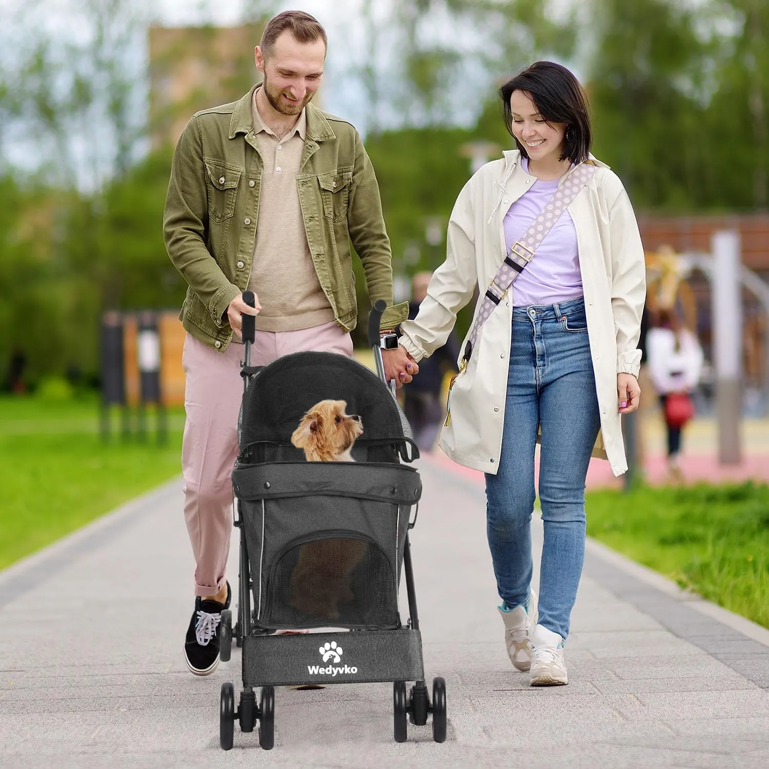 3 in 1 Pet Stroller for Small Dogs and Cats, Foldable Pet Stroller with Adjustable Handle, 6 Wheels, Breathable Mesh, Large Capacity, Easy to Carry, Green (Black)
