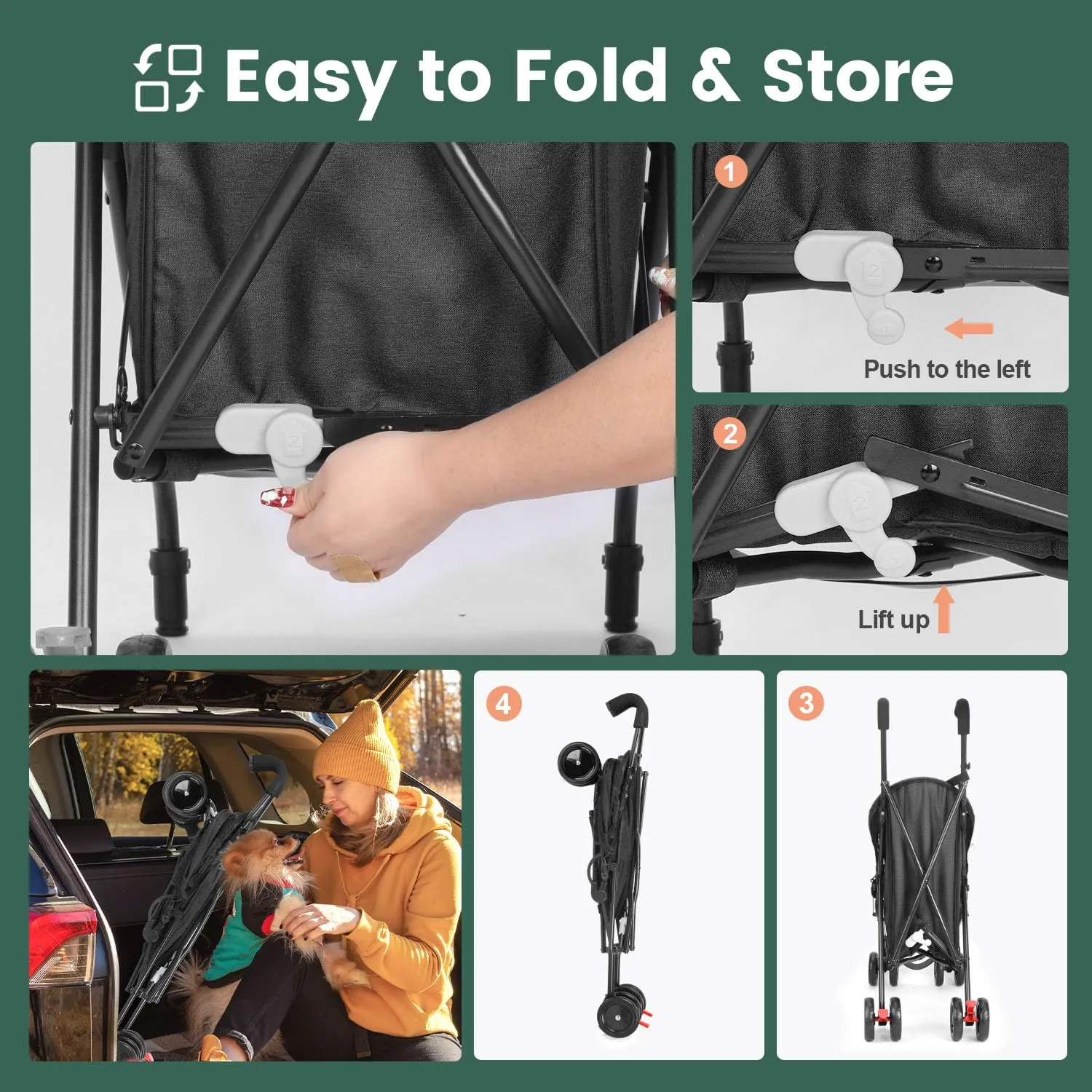 3 in 1 Pet Stroller for Small Dogs and Cats, Foldable Pet Stroller with Adjustable Handle, 6 Wheels, Breathable Mesh, Large Capacity, Easy to Carry, Green (Black)