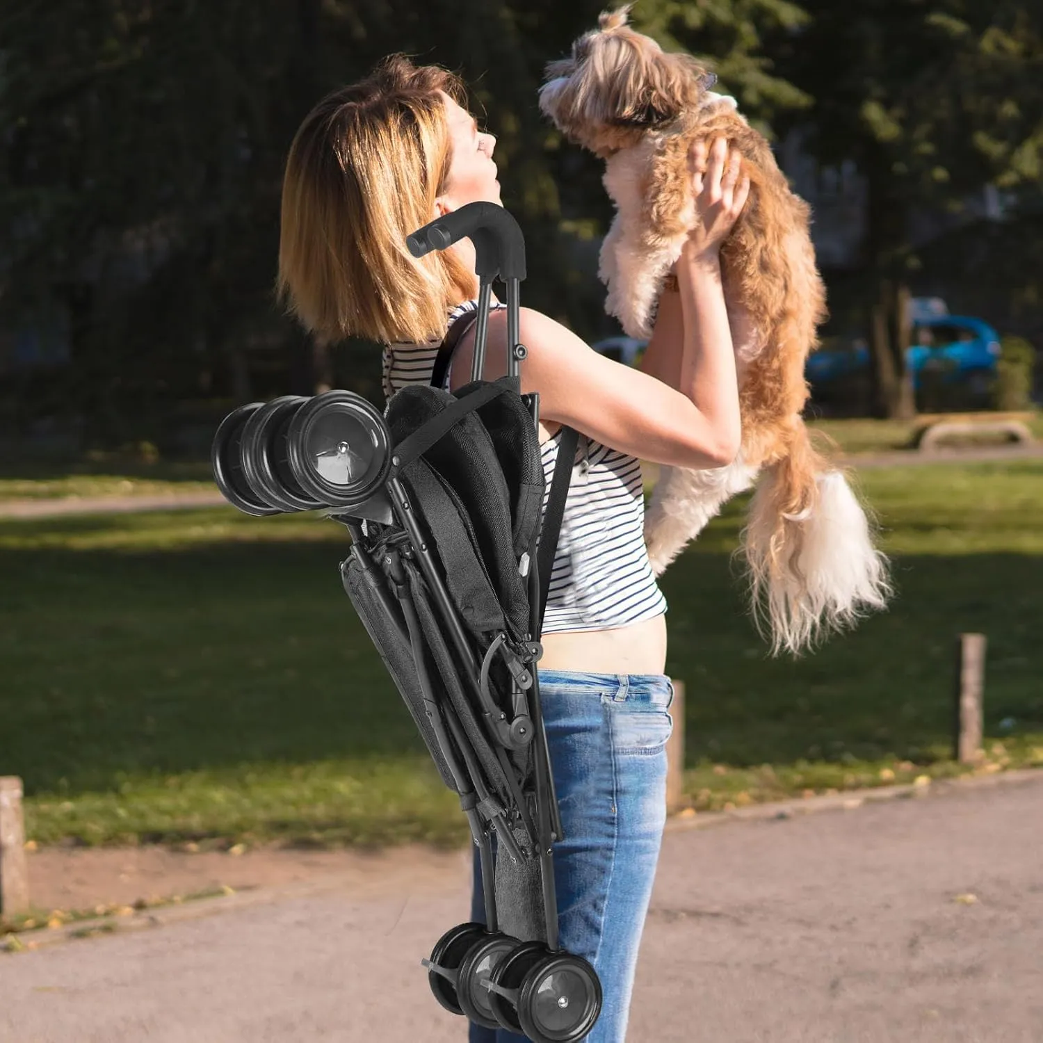 3 in 1 Pet Stroller for Small Dogs and Cats, Foldable Pet Stroller with Adjustable Handle, 6 Wheels, Breathable Mesh, Large Capacity, Easy to Carry, Green (Black)