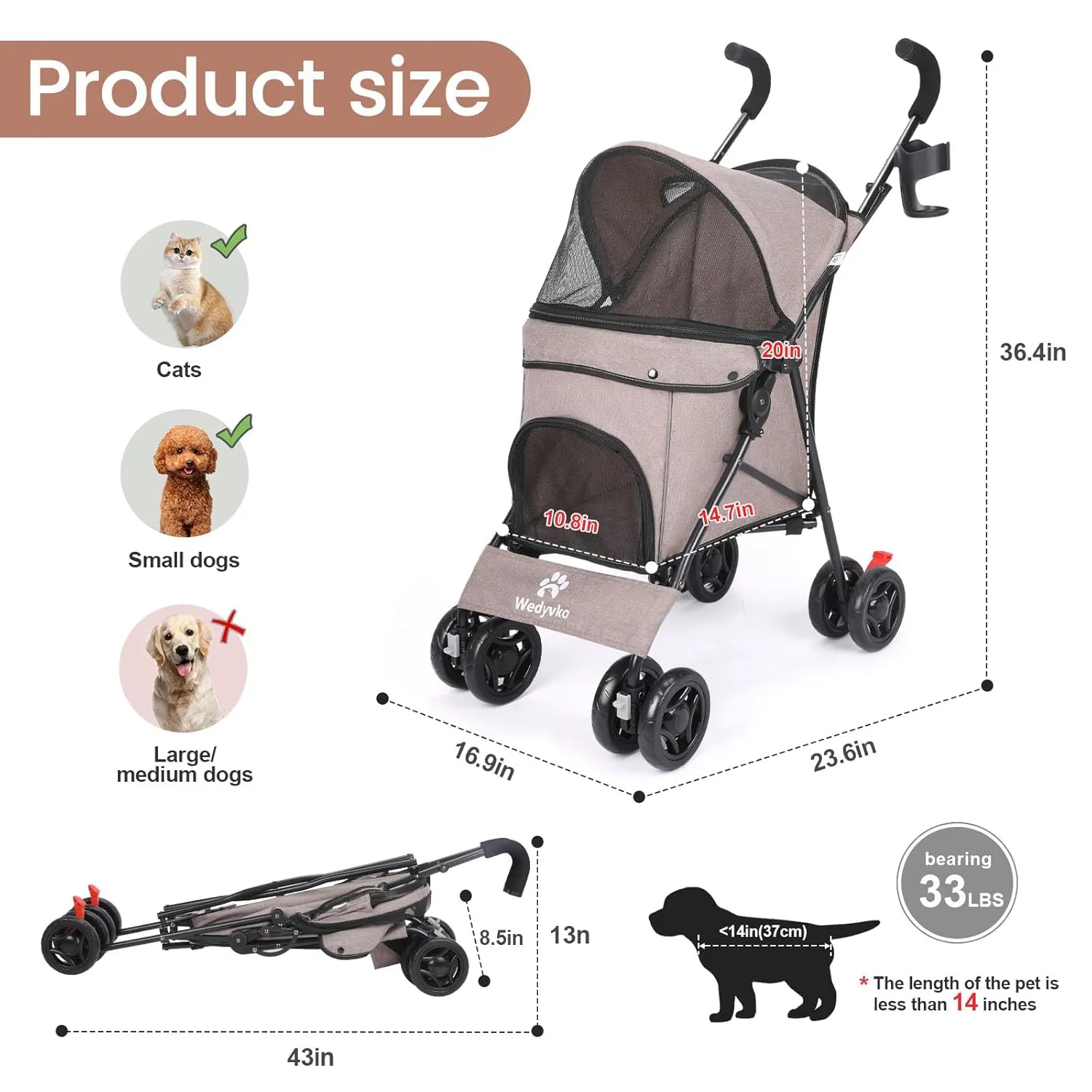 3 in 1 Pet Stroller for Small Dogs and Cats, Foldable Pet Stroller with Adjustable Handle, 6 Wheels, Breathable Mesh, Large Capacity, Easy to Carry, Green (Coffee)