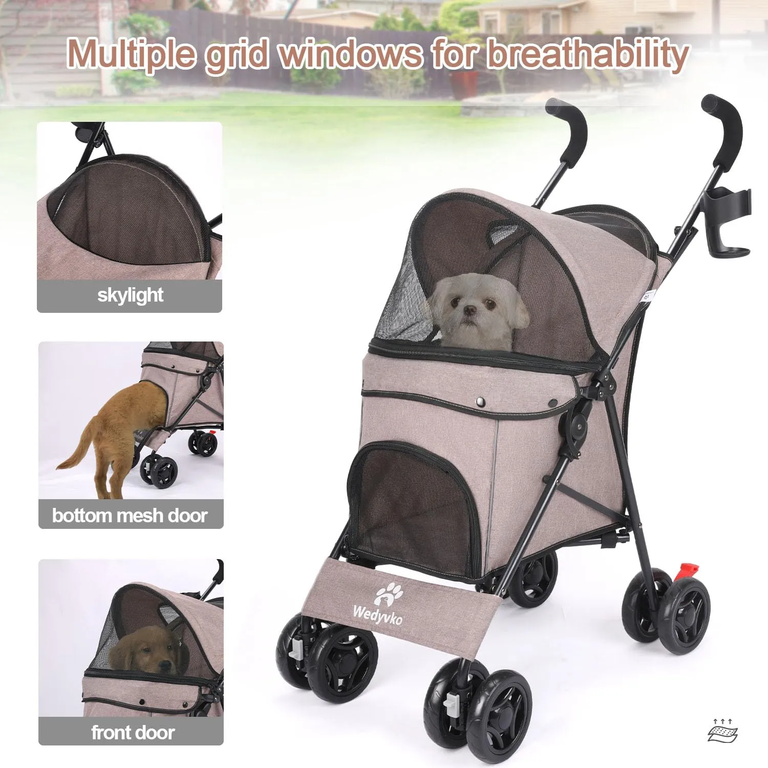 3 in 1 Pet Stroller for Small Dogs and Cats, Foldable Pet Stroller with Adjustable Handle, 6 Wheels, Breathable Mesh, Large Capacity, Easy to Carry, Green (Coffee)