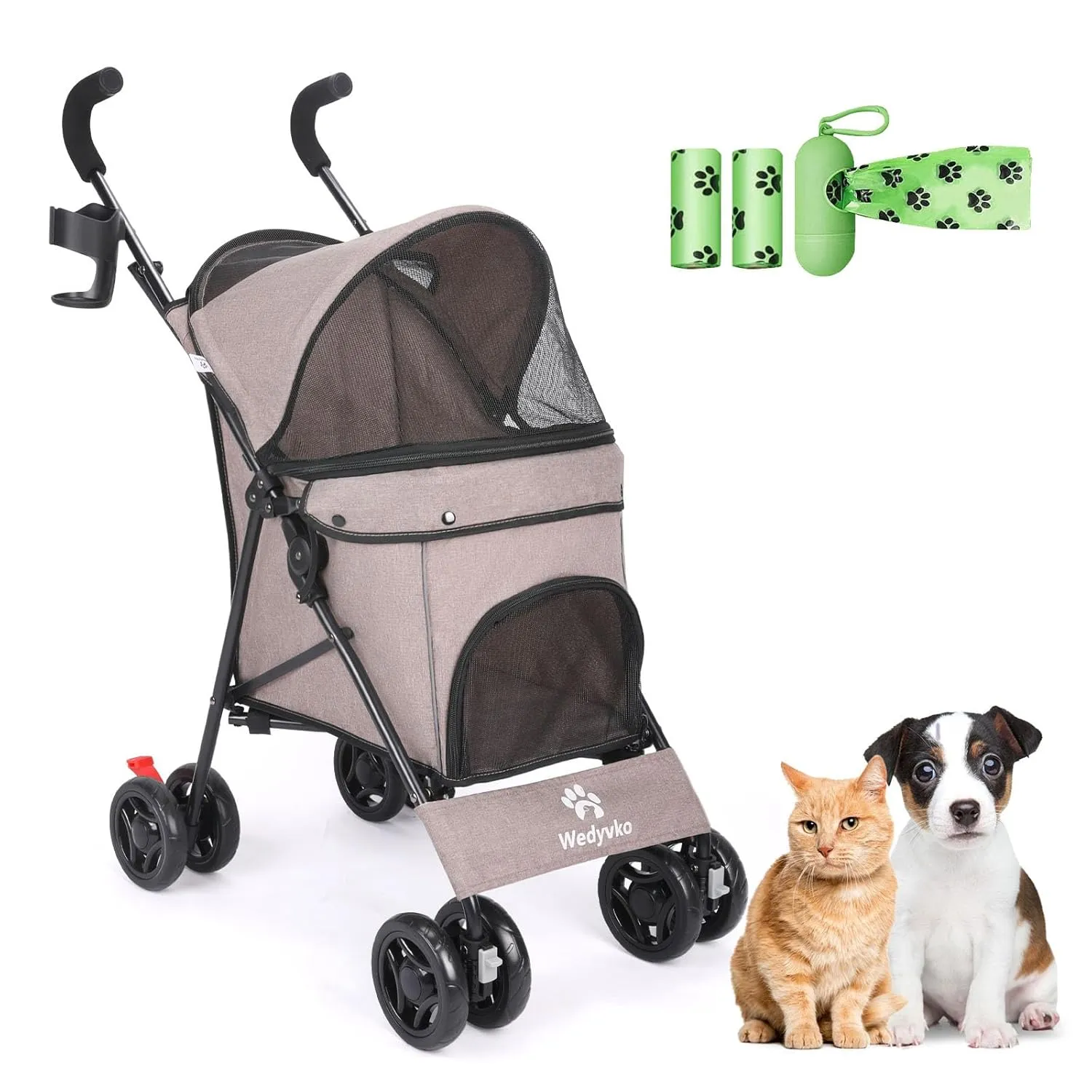 3 in 1 Pet Stroller for Small Dogs and Cats, Foldable Pet Stroller with Adjustable Handle, 6 Wheels, Breathable Mesh, Large Capacity, Easy to Carry, Green (Coffee)