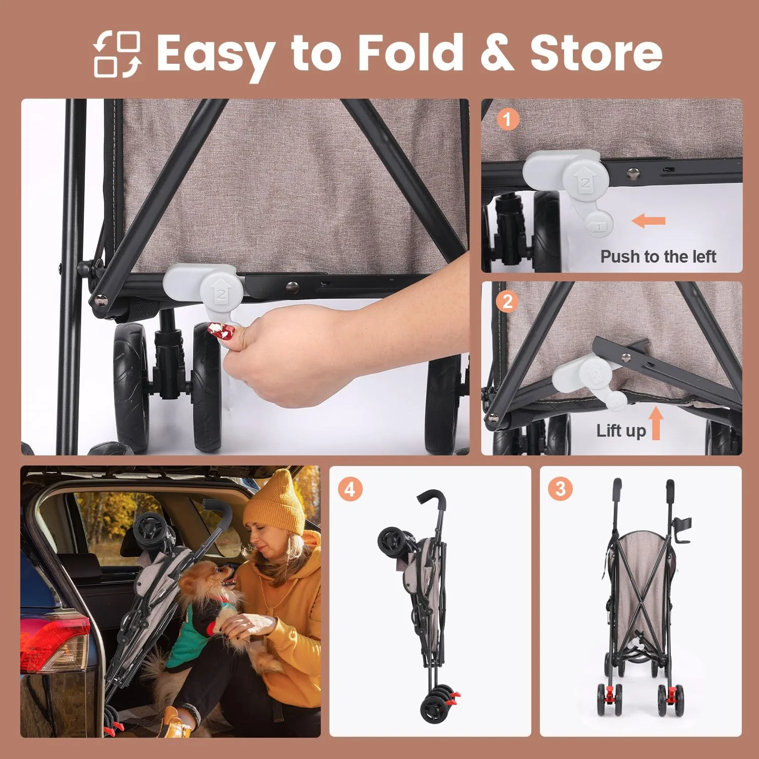 3 in 1 Pet Stroller for Small Dogs and Cats, Foldable Pet Stroller with Adjustable Handle, 6 Wheels, Breathable Mesh, Large Capacity, Easy to Carry, Green (Coffee)
