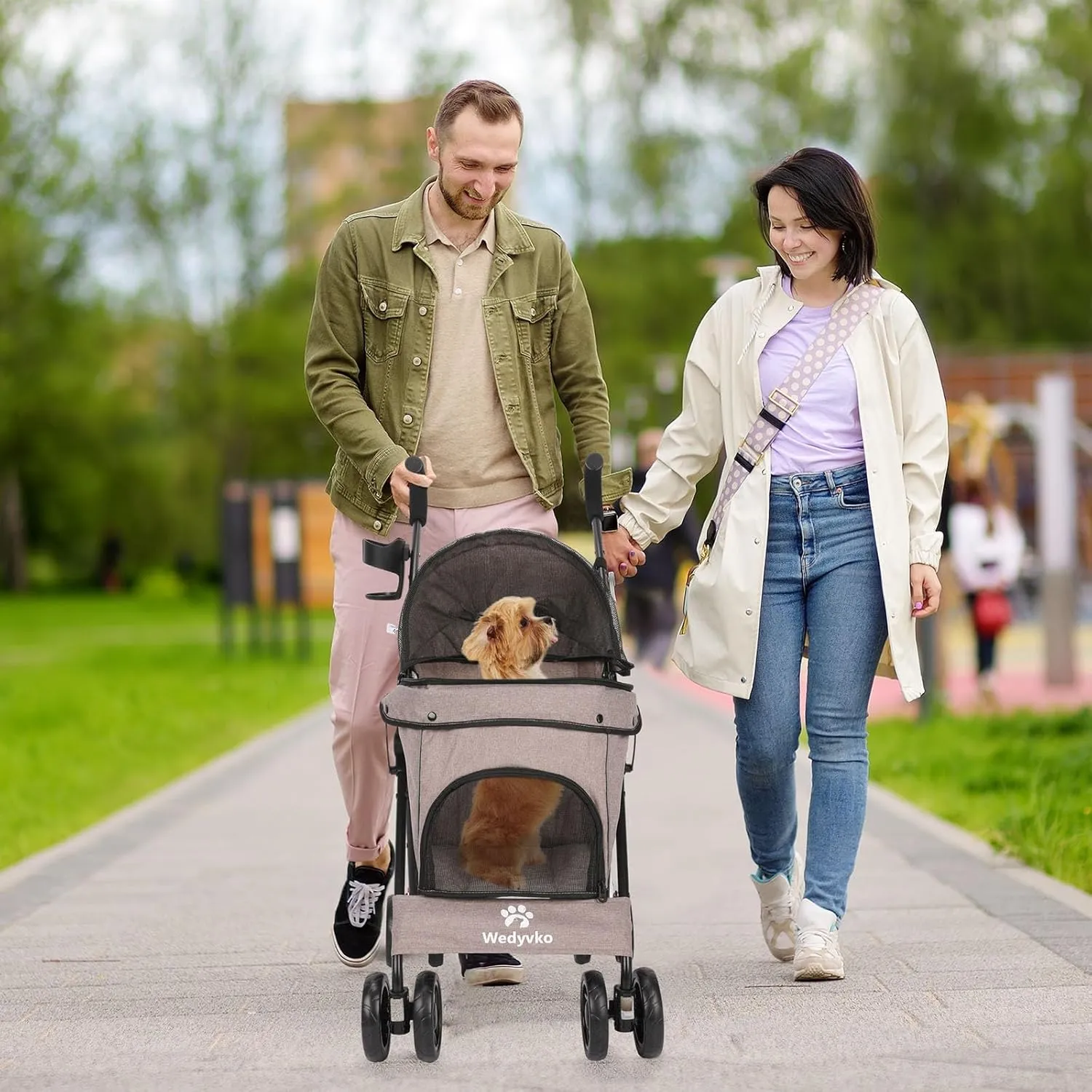 3 in 1 Pet Stroller for Small Dogs and Cats, Foldable Pet Stroller with Adjustable Handle, 6 Wheels, Breathable Mesh, Large Capacity, Easy to Carry, Green (Coffee)