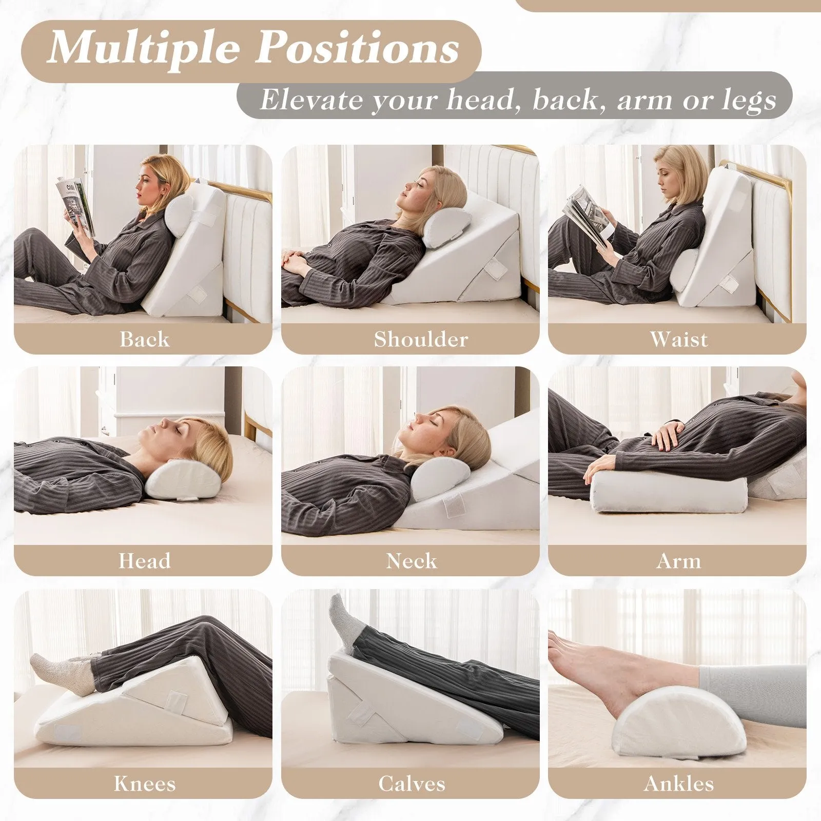 3 Pieces Bed Wedge Pillow Set Adjustable with Air Memory Foam-Off White