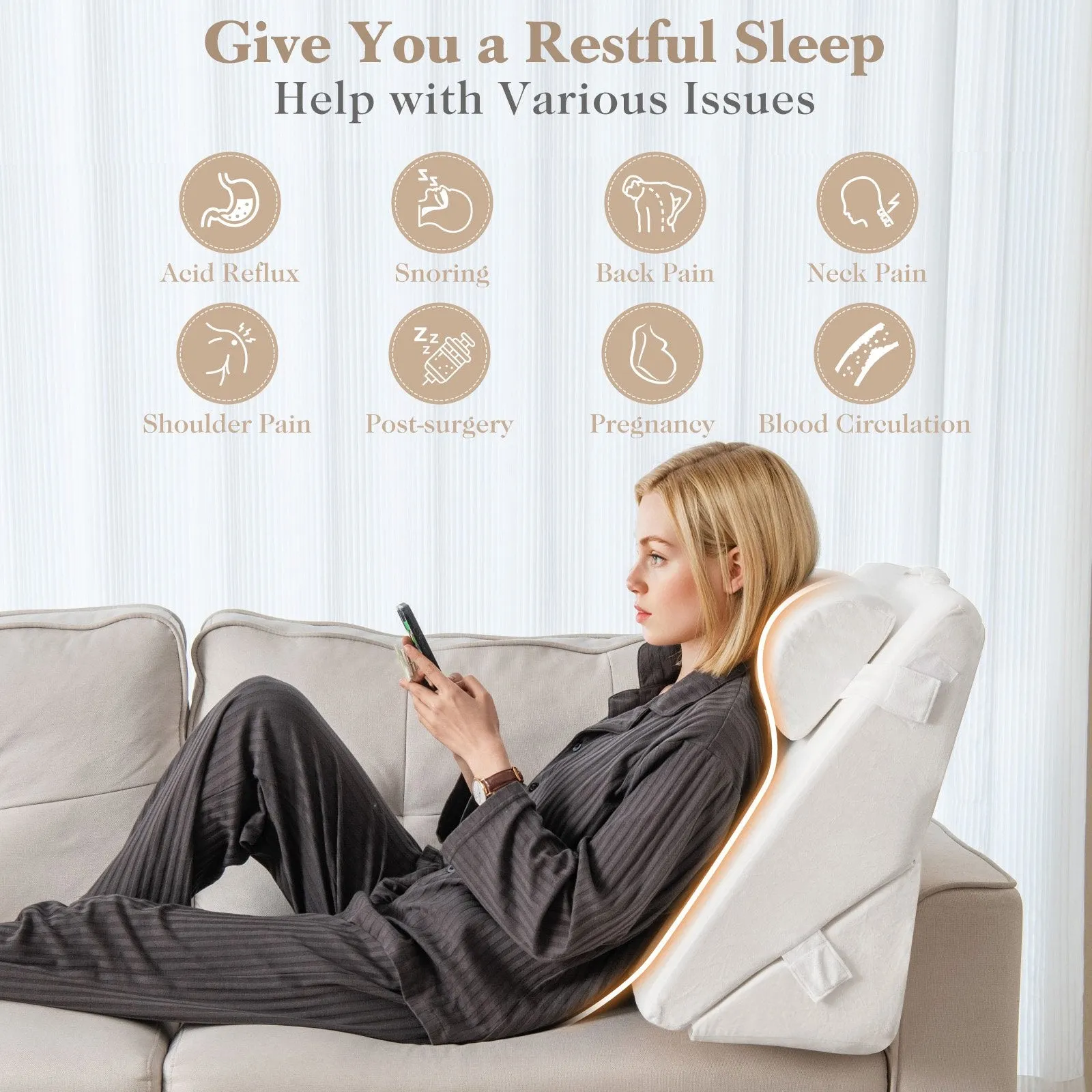 3 Pieces Bed Wedge Pillow Set Adjustable with Air Memory Foam-Off White