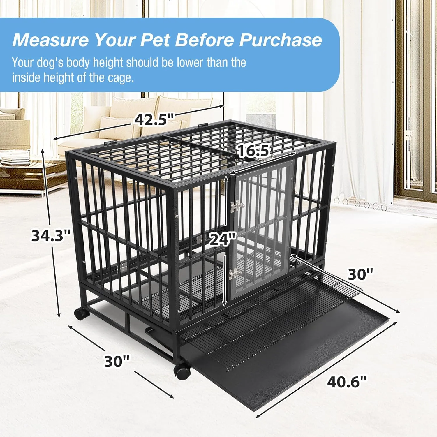 43 Inch Heavy-Duty Dog Crate - Extra Large Indestructible Dog Cage for Medium & Large Dogs - Metal Kennel Cage with Double Doors, Removable Tray and 4 Wheels - Black