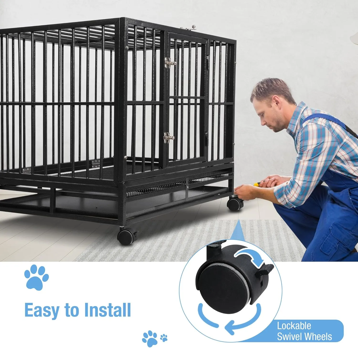 43 Inch Heavy-Duty Dog Crate - Extra Large Indestructible Dog Cage for Medium & Large Dogs - Metal Kennel Cage with Double Doors, Removable Tray and 4 Wheels - Black