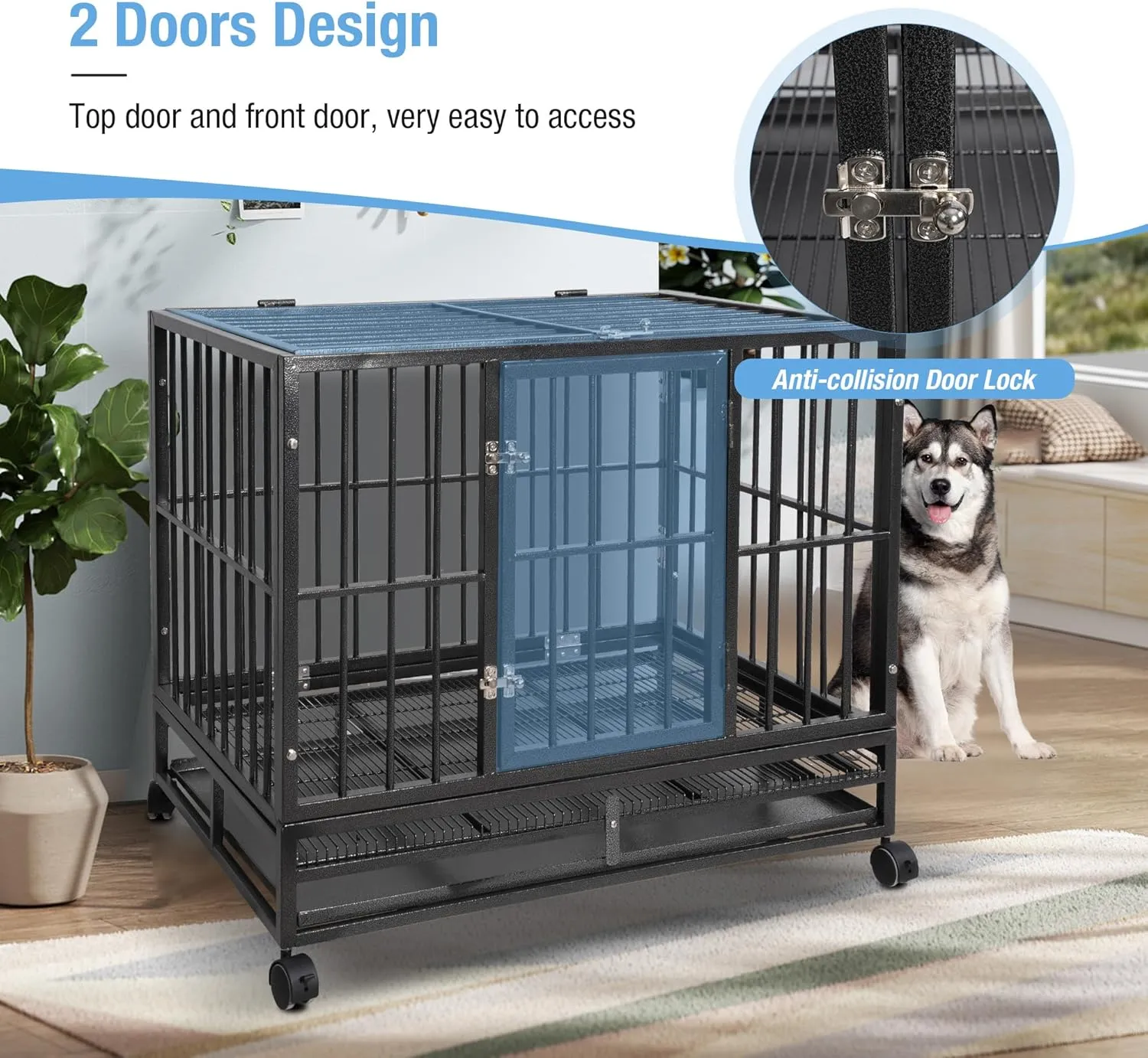43 Inch Heavy-Duty Dog Crate - Extra Large Indestructible Dog Cage for Medium & Large Dogs - Metal Kennel Cage with Double Doors, Removable Tray and 4 Wheels - Black