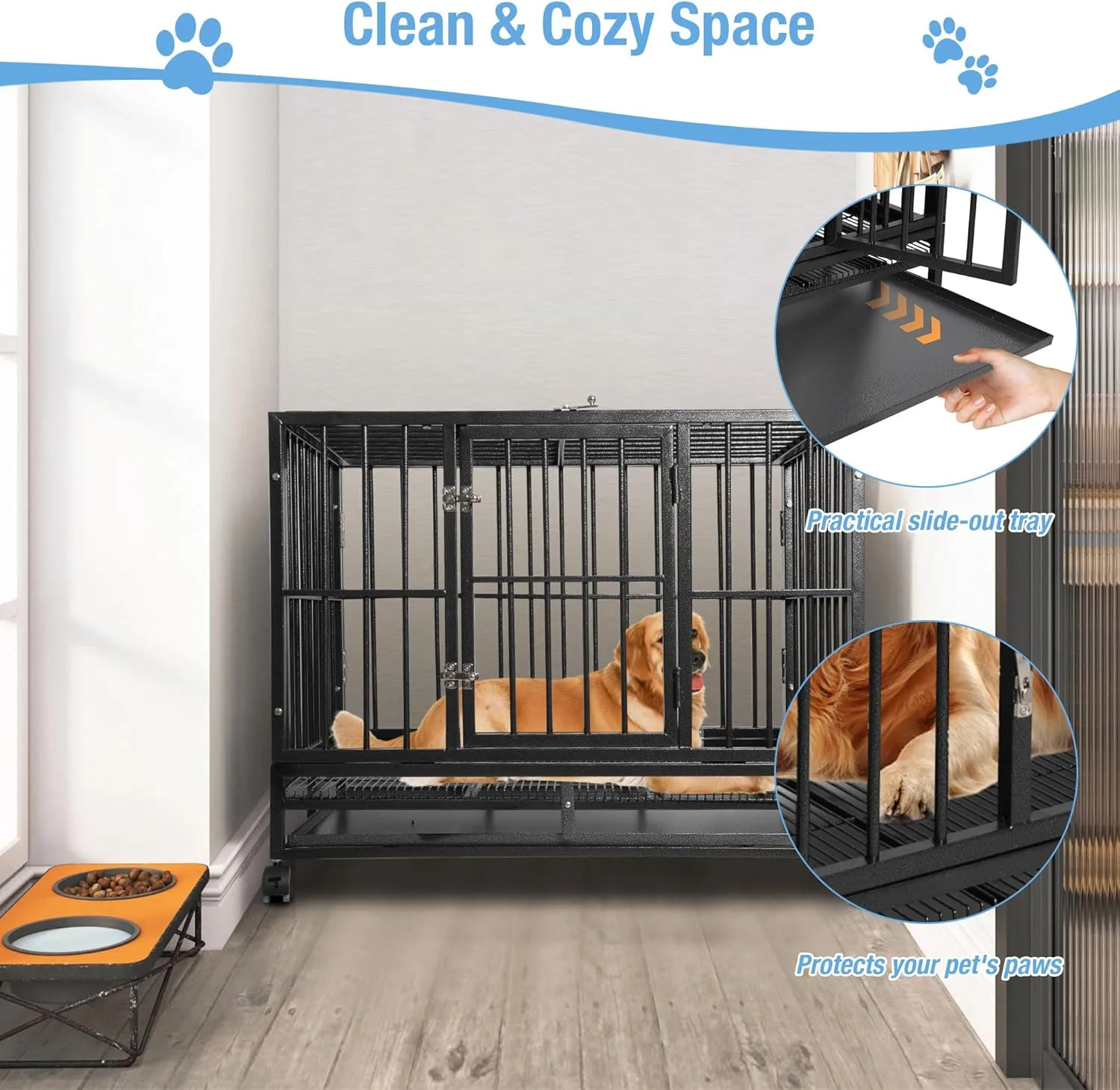 43 Inch Heavy-Duty Dog Crate - Extra Large Indestructible Dog Cage for Medium & Large Dogs - Metal Kennel Cage with Double Doors, Removable Tray and 4 Wheels - Black