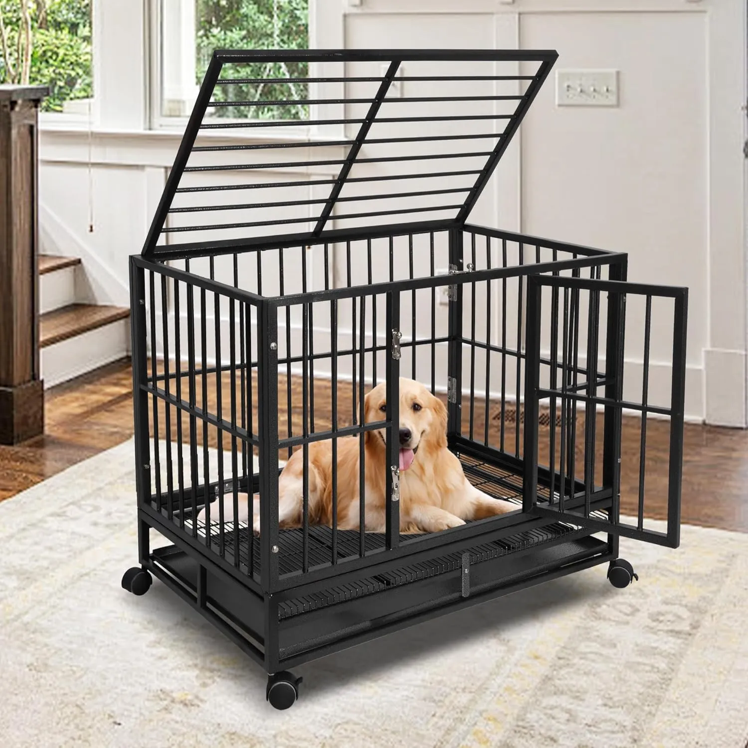 43 Inch Heavy-Duty Dog Crate - Extra Large Indestructible Dog Cage for Medium & Large Dogs - Metal Kennel Cage with Double Doors, Removable Tray and 4 Wheels - Black