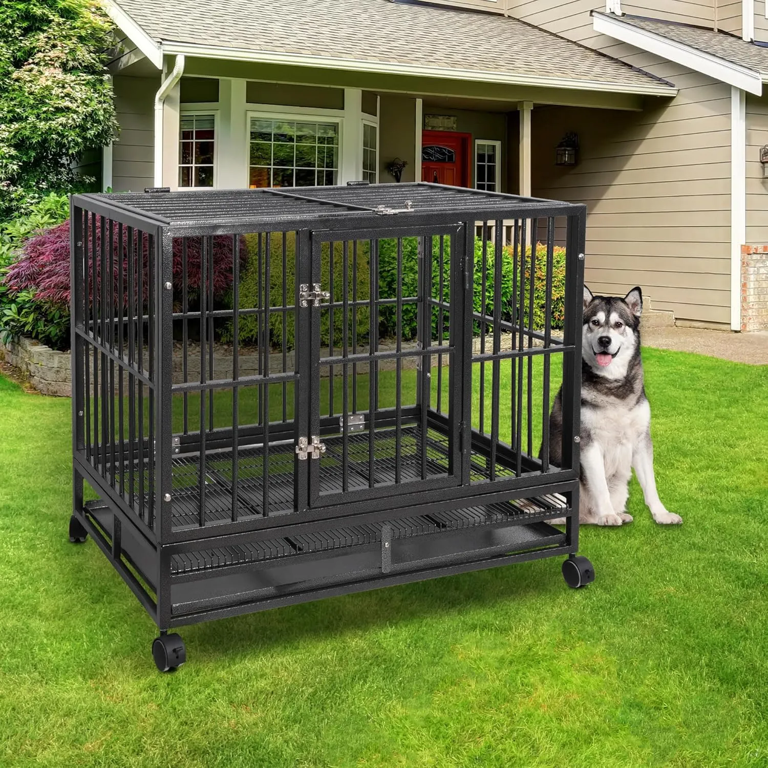 43 Inch Heavy-Duty Dog Crate - Extra Large Indestructible Dog Cage for Medium & Large Dogs - Metal Kennel Cage with Double Doors, Removable Tray and 4 Wheels - Black