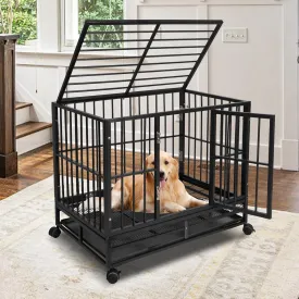 43 Inch Heavy-Duty Dog Crate - Extra Large Indestructible Dog Cage for Medium & Large Dogs - Metal Kennel Cage with Double Doors, Removable Tray and 4 Wheels - Black