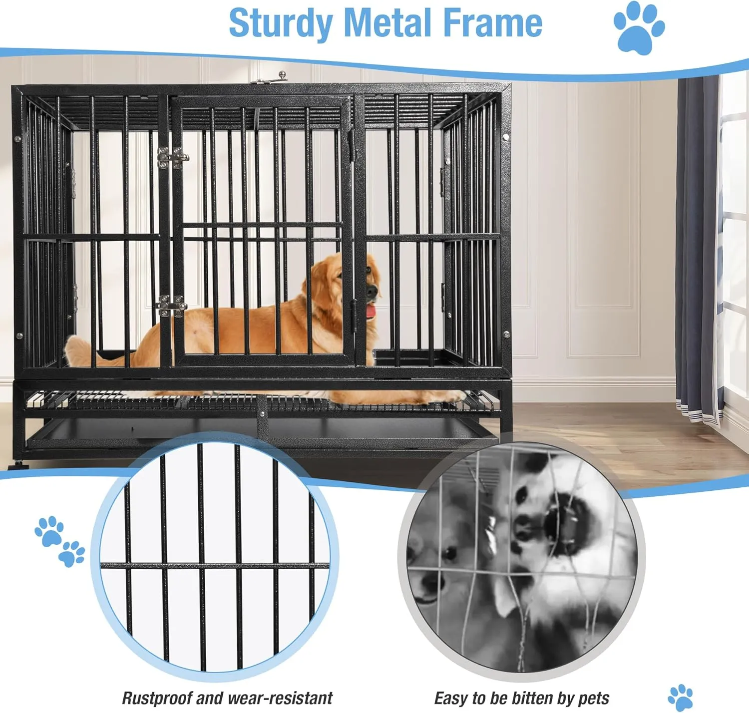 43 Inch Heavy-Duty Dog Crate - Extra Large Indestructible Dog Cage for Medium & Large Dogs - Metal Kennel Cage with Double Doors, Removable Tray and 4 Wheels - Black