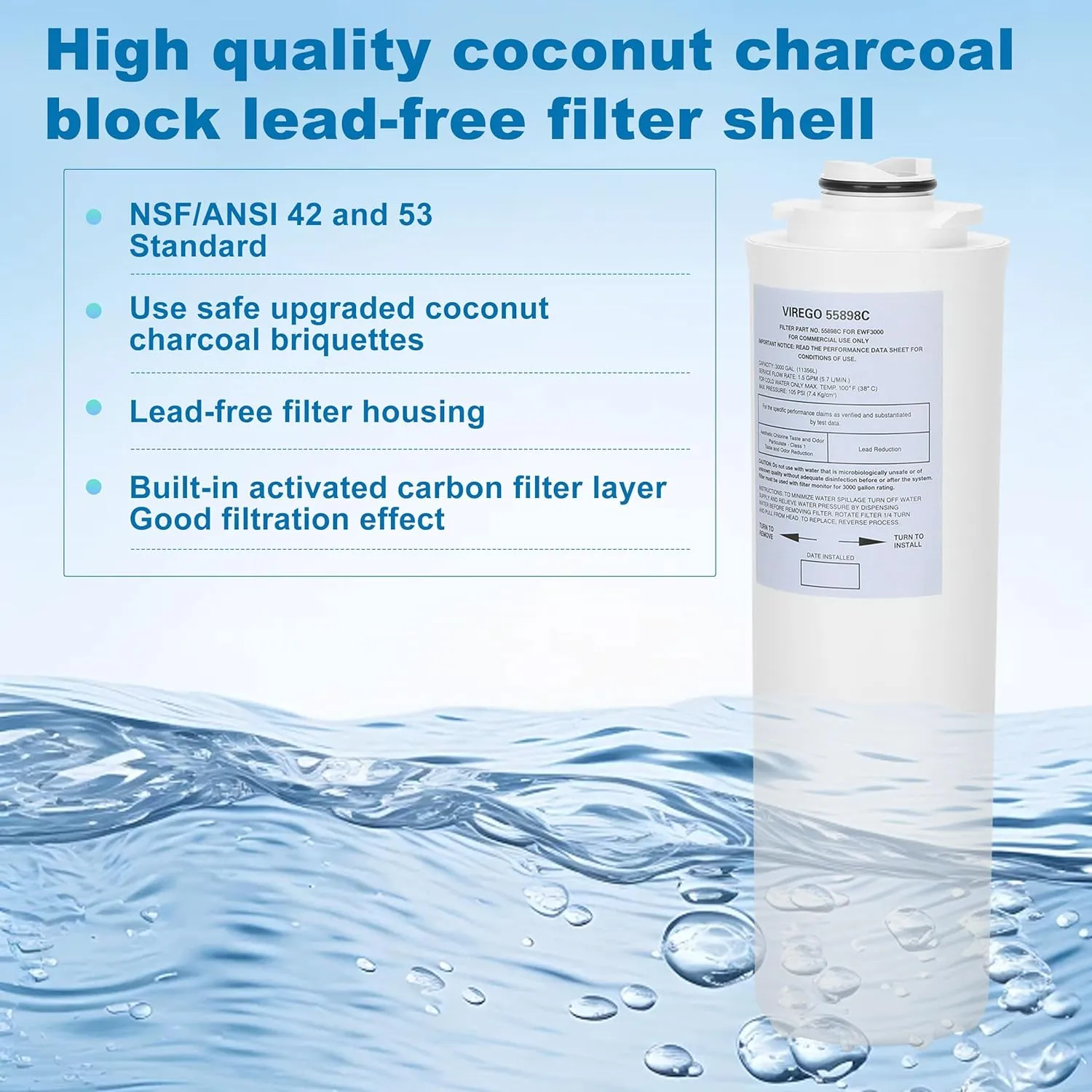 55898C Filter, Replacement for Halsey Taylor 55898C Drinking Fountain Replacement Filter By NSF/ANSI 42 Certified, Compatible with Water Sentry 55898C 51300C Filling Station, 3000 Gal No Chip (2pack)