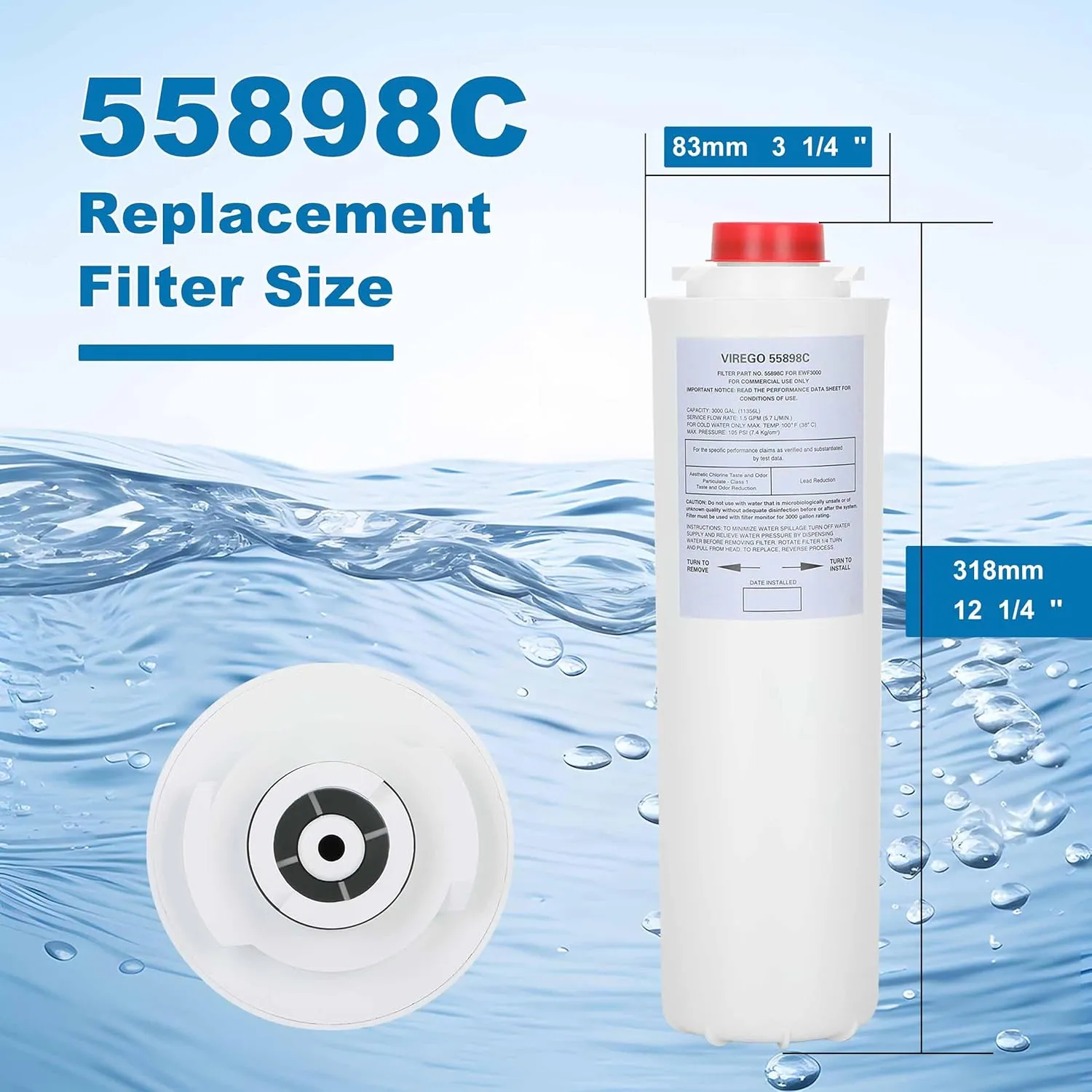 55898C Filter, Replacement for Halsey Taylor 55898C Drinking Fountain Replacement Filter By NSF/ANSI 42 Certified, Compatible with Water Sentry 55898C 51300C Filling Station, 3000 Gal No Chip (2pack)