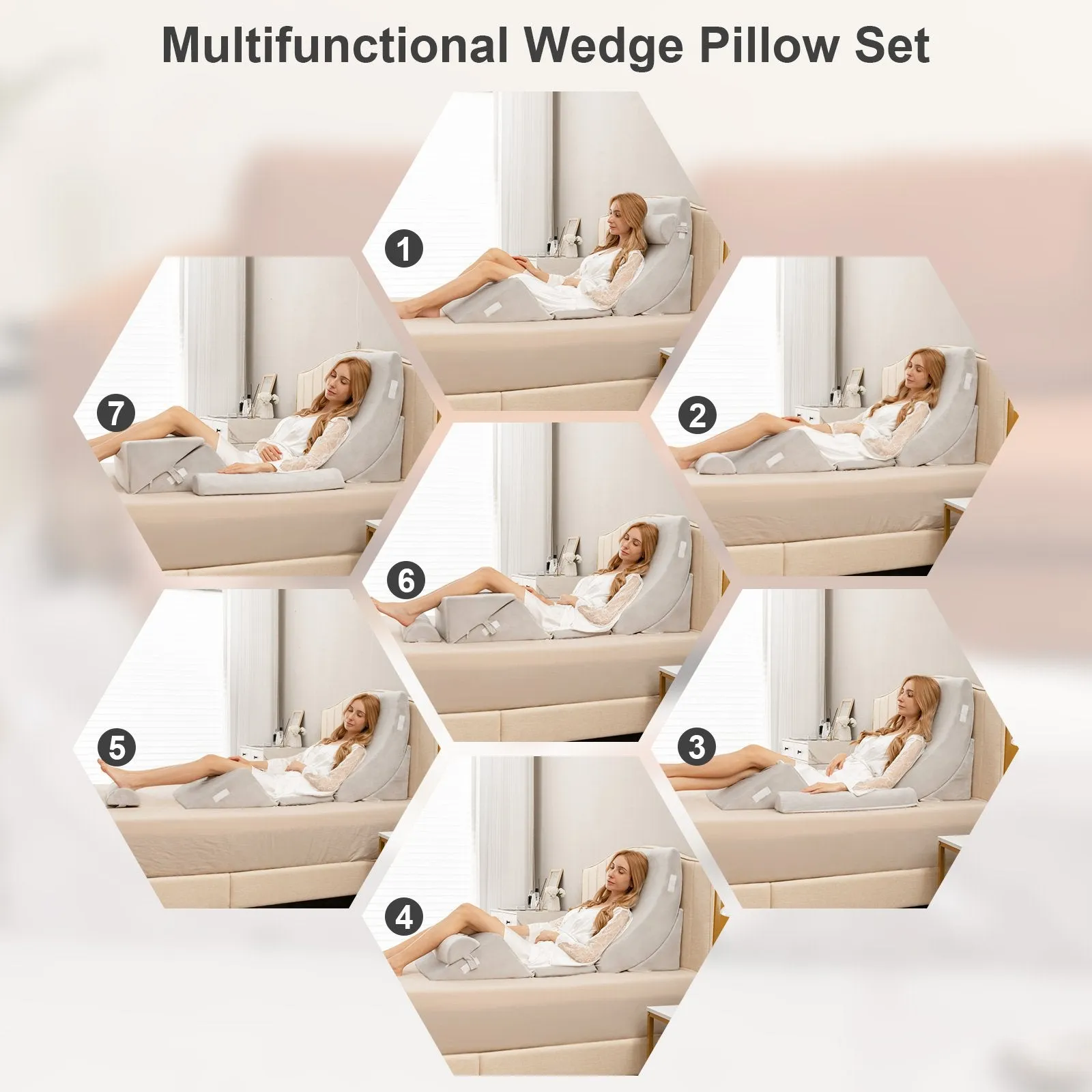 6 Pieces Bed Wedge Pillows Set with Headrest Leg Elevation-Grey