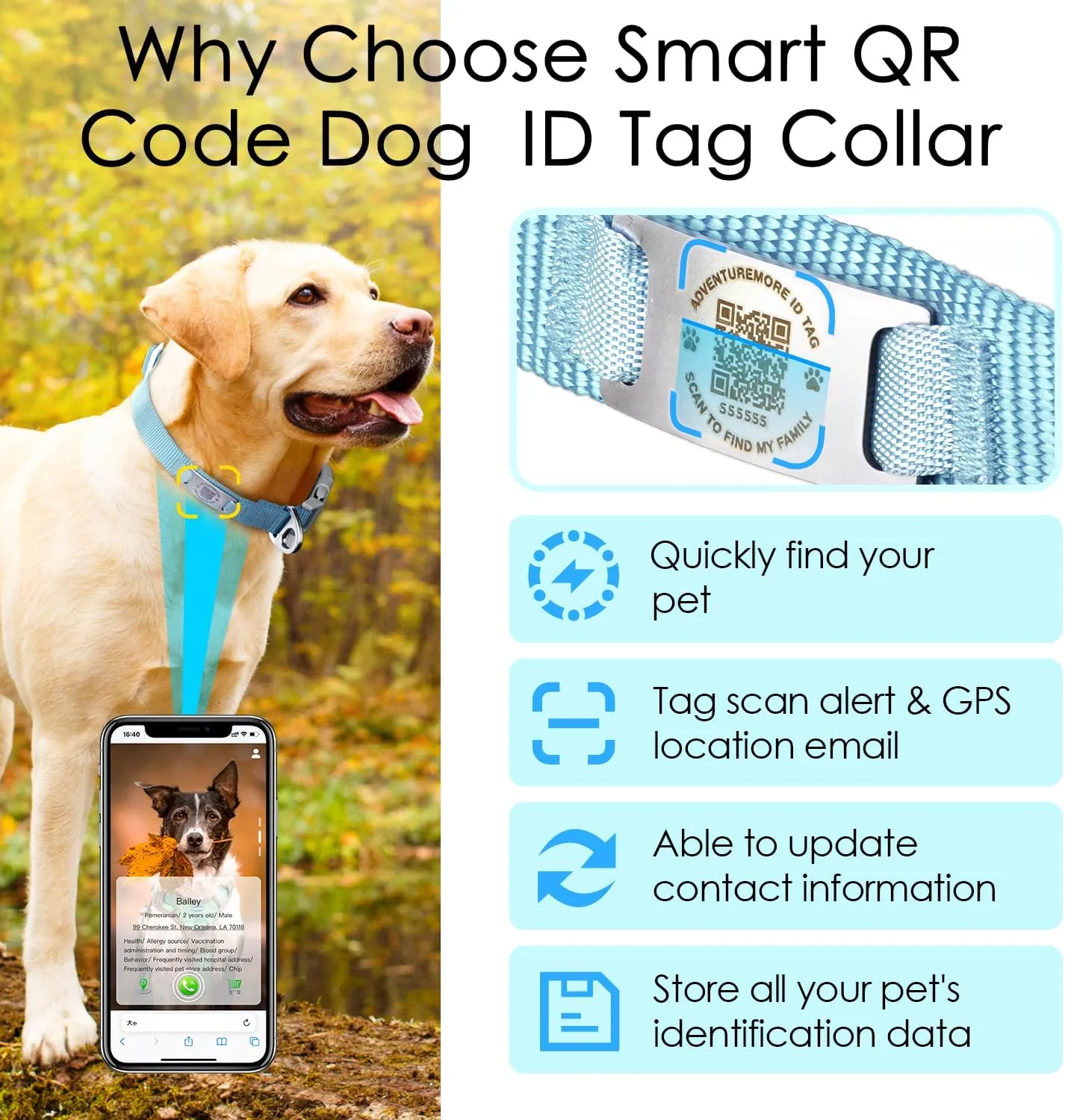 ADVENTUREMORE Smart ID Tag QR Code Nylon Dog Collar - Prevents Small, Medium, Large Dogs from Getting Lost at Night, Displays Owner and Pet Details - Durable, Adjustable, Thick-Teal-Small
