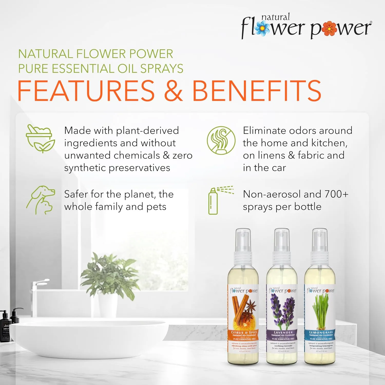 Air Freshener Spray - Odor Eliminator with Essential Oils for Home, Car & Fabric - Cruelty Free & Vegan - Variety Pack - Citrus & Spice   Lavender   Lemongrass - 3 x 4 fl oz