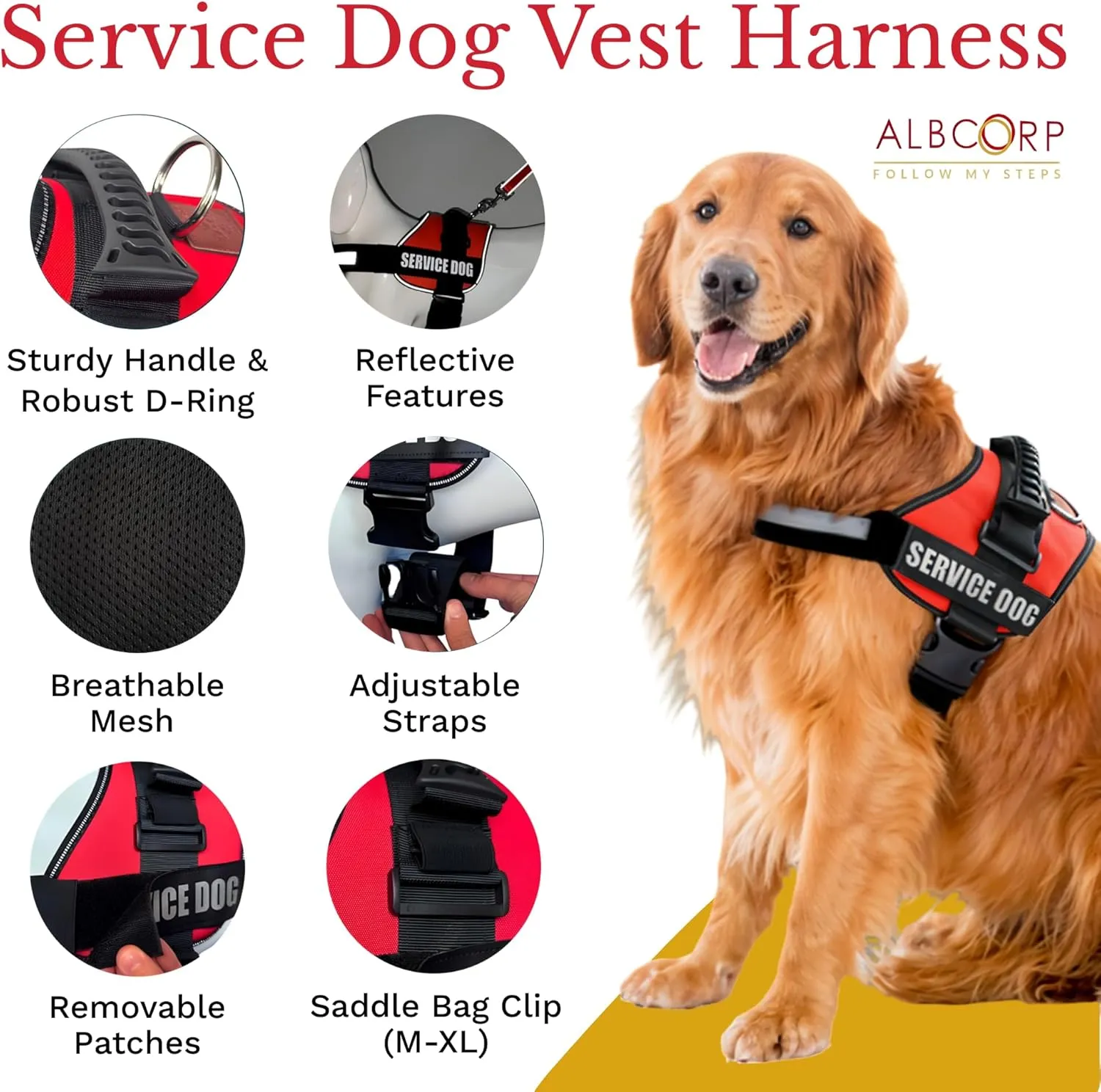 ALBCORP Reflective Service Dog Vest Harness  No-Pull Harness with Handle & Comfy Mesh Padding  Available in Sizes XXS-XL with 2 Removable Hook & Loop Service Dog Patches, Extra Large, Black