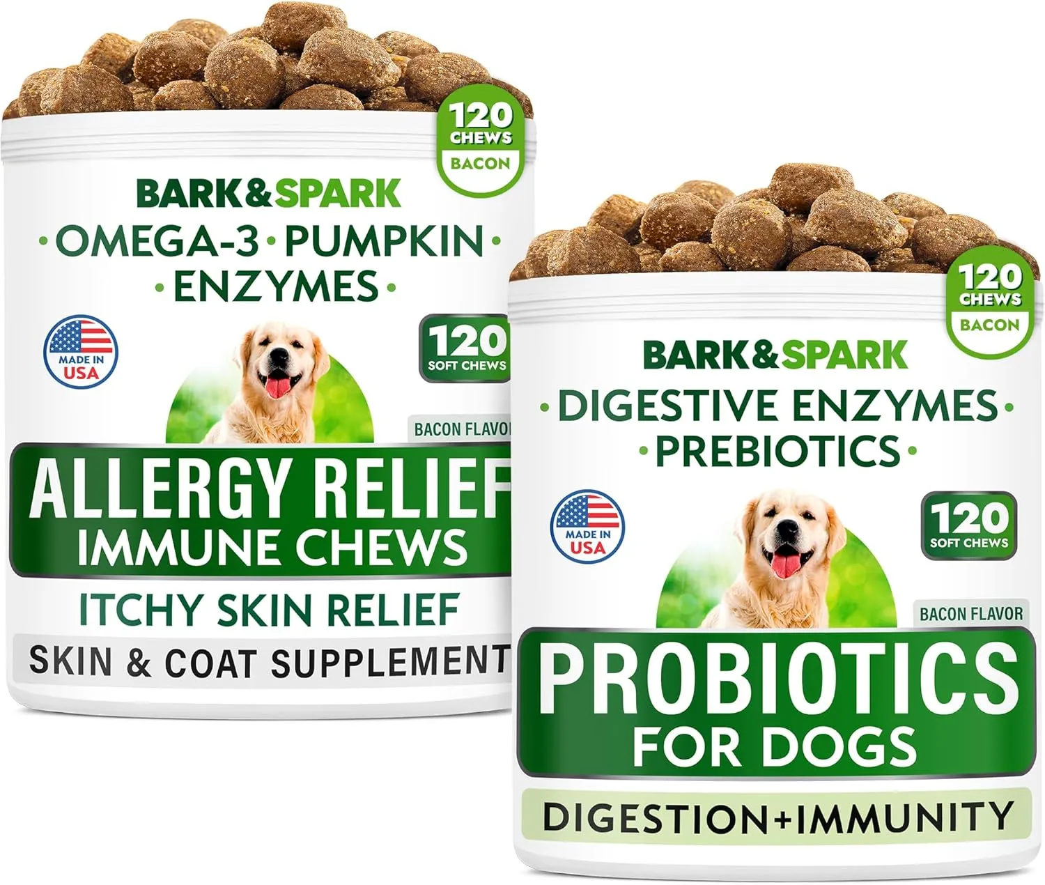 Allergy Relief   Probiotics & Digestive Enzymes for Dogs - Anti-Itch Skin & Coat Supplement - Omega 3 Fish Oil - Gut Health - Pet Diarrhea Gas Treatment, Upset Stomach Relief Pills, Digestion Health