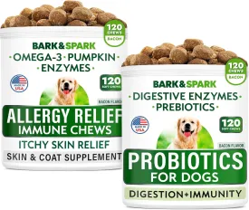 Allergy Relief   Probiotics & Digestive Enzymes for Dogs - Anti-Itch Skin & Coat Supplement - Omega 3 Fish Oil - Gut Health - Pet Diarrhea Gas Treatment, Upset Stomach Relief Pills, Digestion Health