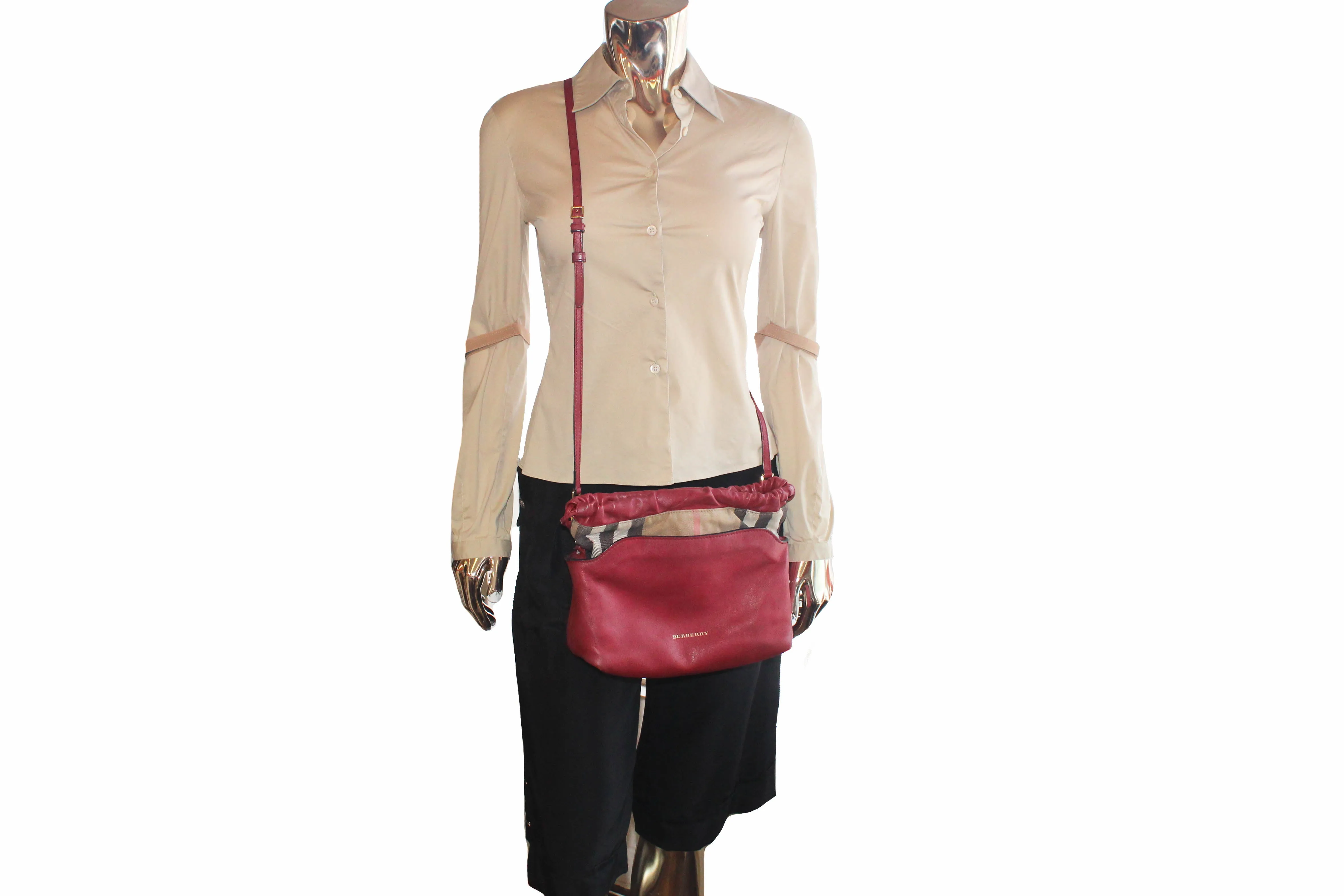 Authentic Burberry Dark Pink Leather/Haymarket Crossbody Bag