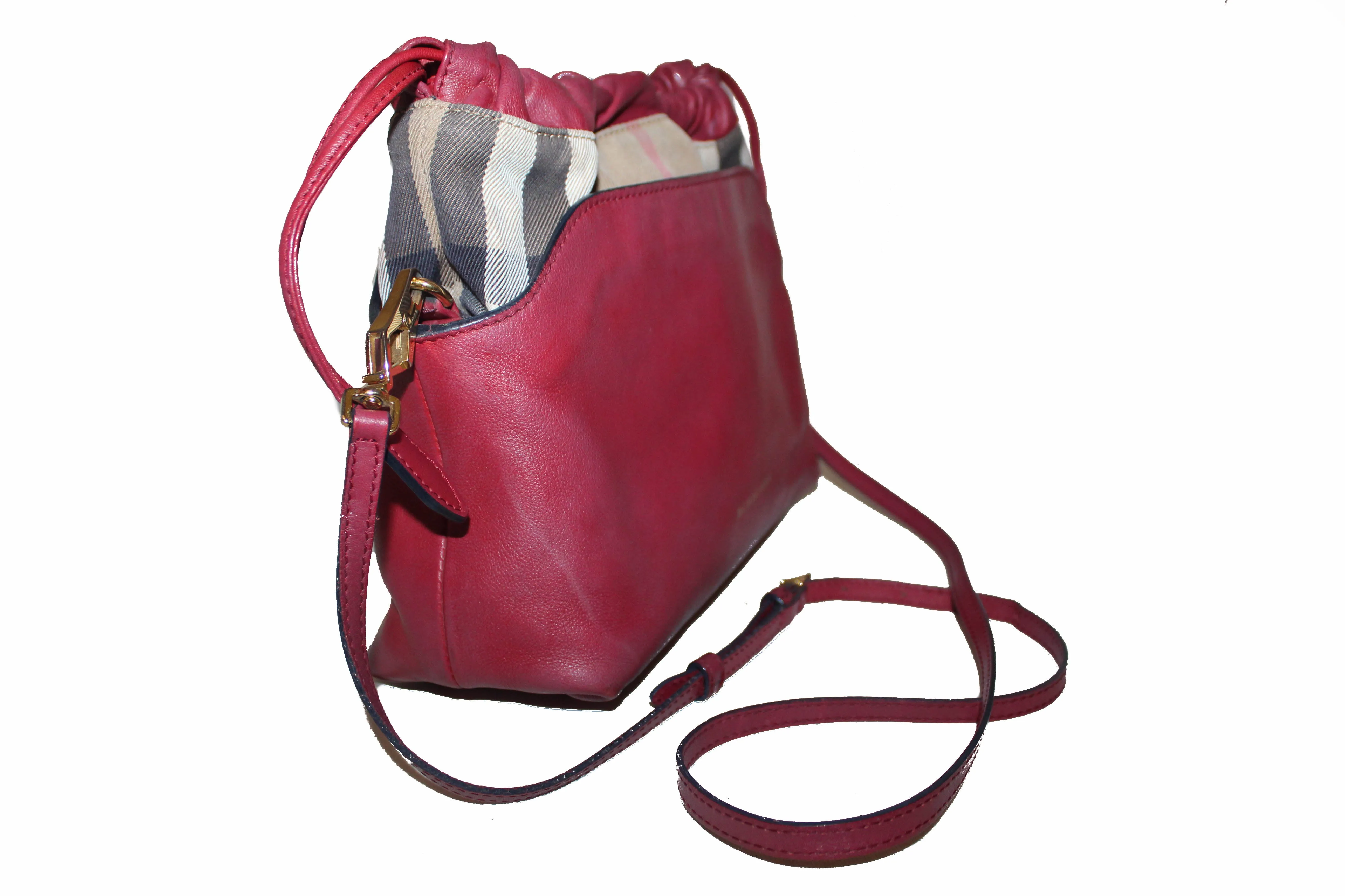 Authentic Burberry Dark Pink Leather/Haymarket Crossbody Bag