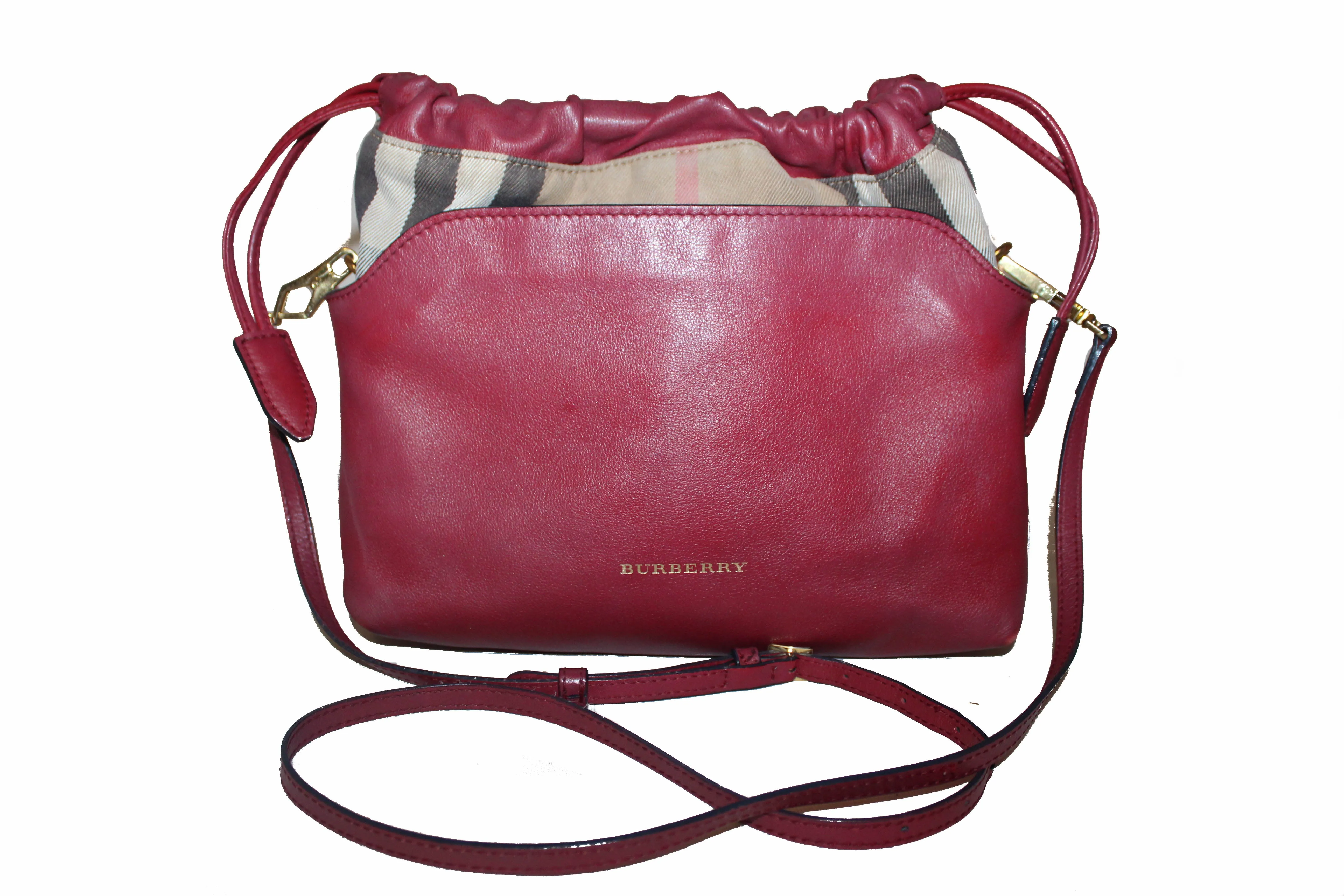 Authentic Burberry Dark Pink Leather/Haymarket Crossbody Bag