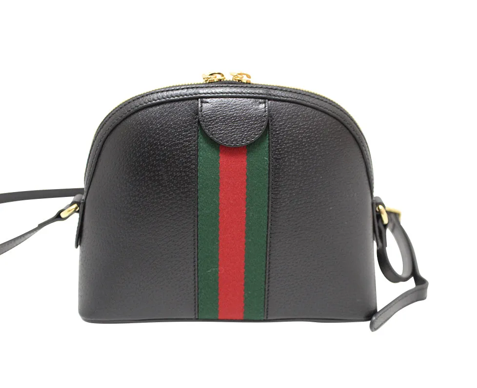 Authentic Gucci Black Calfskin Leather Web GG Small Ophidia Dome Shoulder Bag