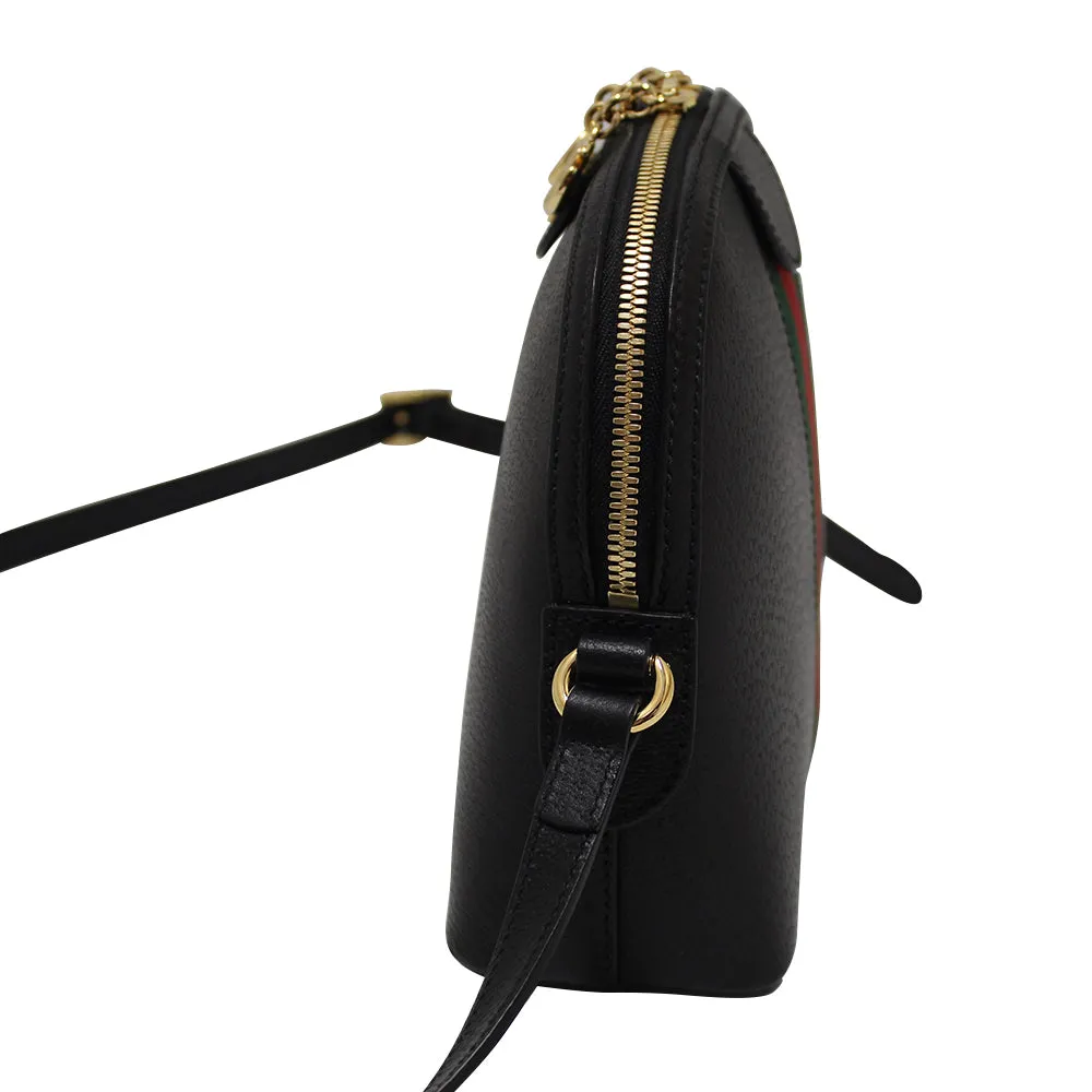 Authentic Gucci Black Calfskin Leather Web GG Small Ophidia Dome Shoulder Bag