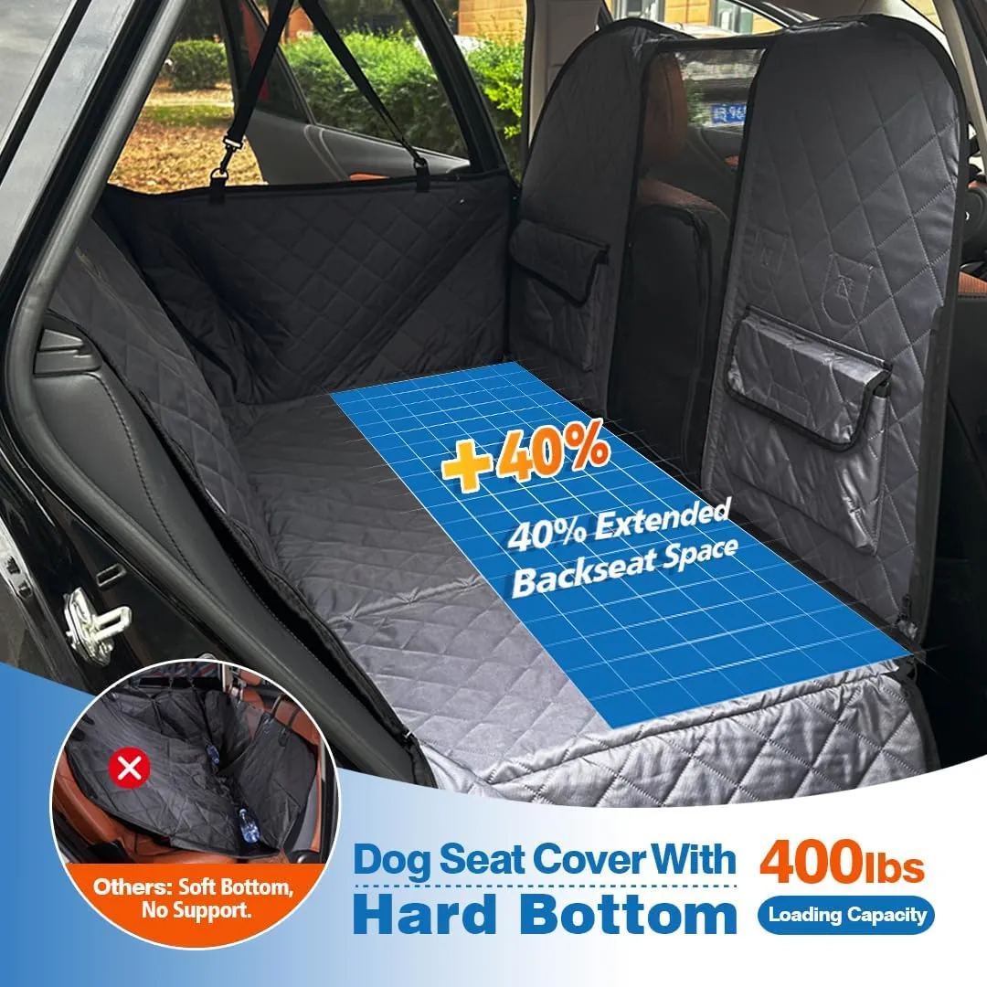 Back Seat Extender for Dogs with Escape-Proof Dog Car Barrier, Upgrated Firm Frame Dog Seat Cover for Back Seat Hard Bottom Holds 400lbs, WaterproofDog Travel Bed Backseat Cover for Car&SUV