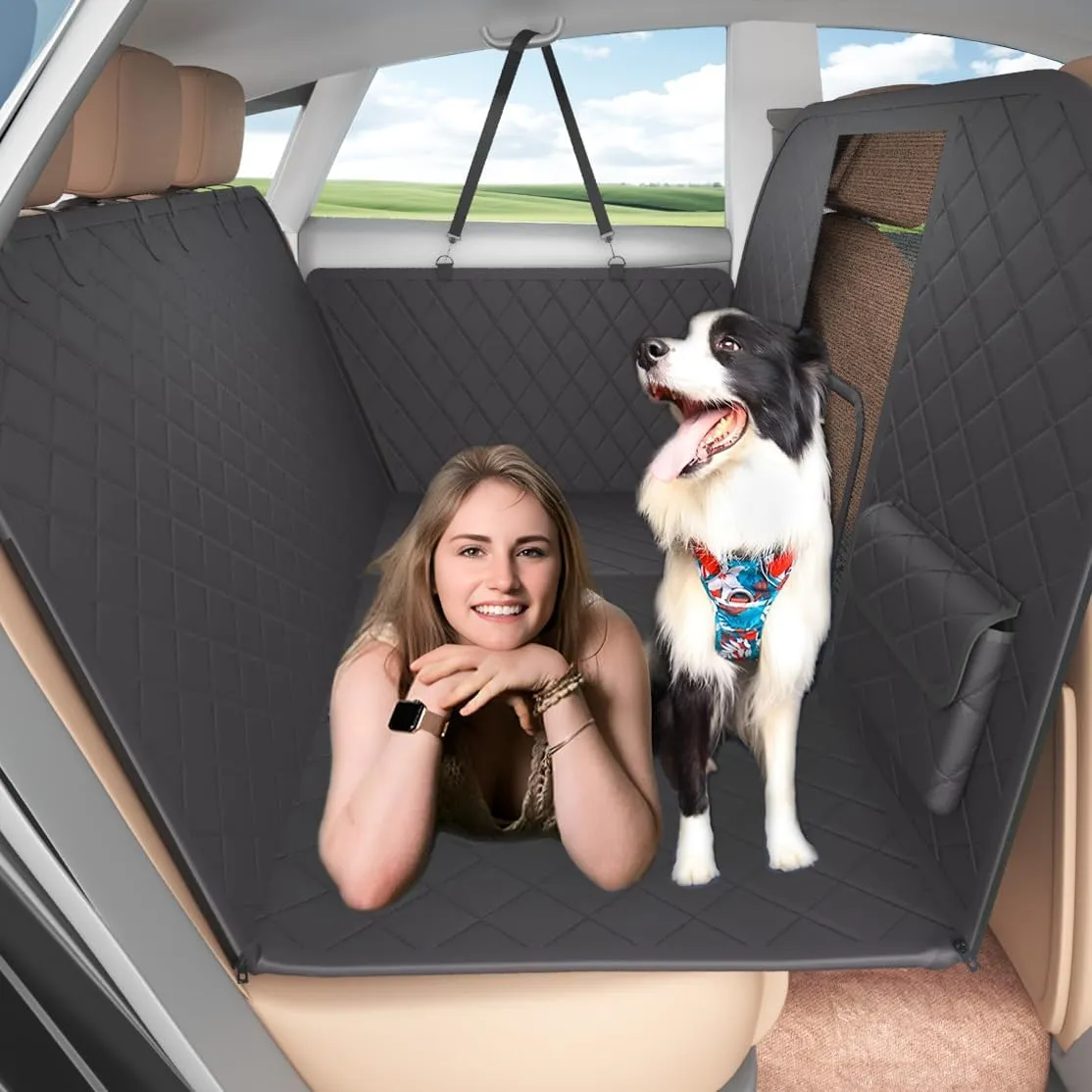 Back Seat Extender for Dogs with Escape-Proof Dog Car Barrier, Upgrated Firm Frame Dog Seat Cover for Back Seat Hard Bottom Holds 400lbs, WaterproofDog Travel Bed Backseat Cover for Car&SUV