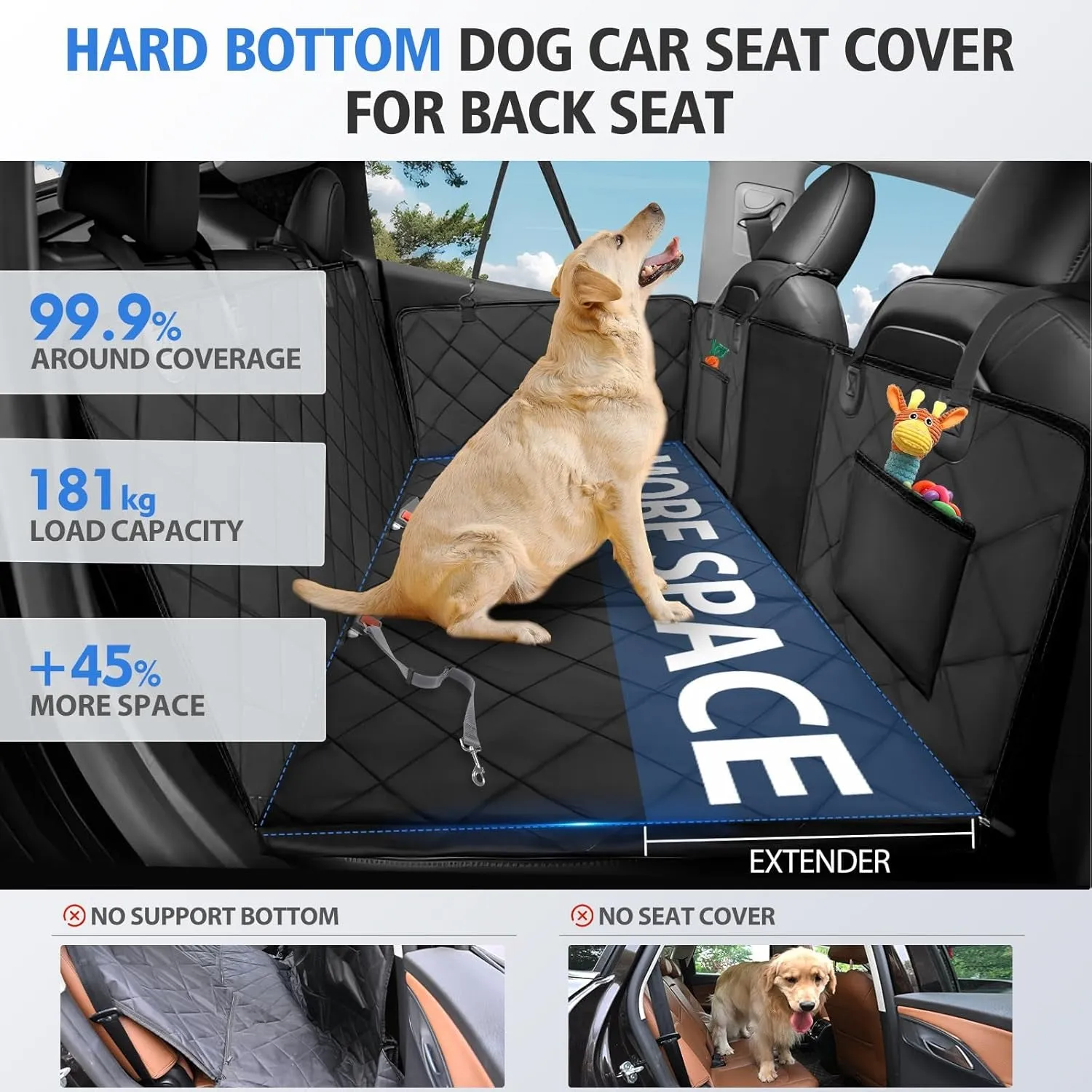 Back Seat Extender for Dogs,Large Space Dog Car Seat Cover,Hard Bottom Dog Car Seat Cover for Back Seat,Study Dog Hammock for Car Support 181Kg,Easy to Install for Cars Trucks Suvs Black