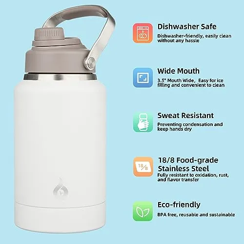 BJPKPK Half Gallon Water Bottle Insulated, Dishwasher Safe 64oz Metal Water Bottle with Removable Bowl, BPA Free Leakproof Large Water Jug, Stainless Steel Reusable Thermos for Sports, Milky White
