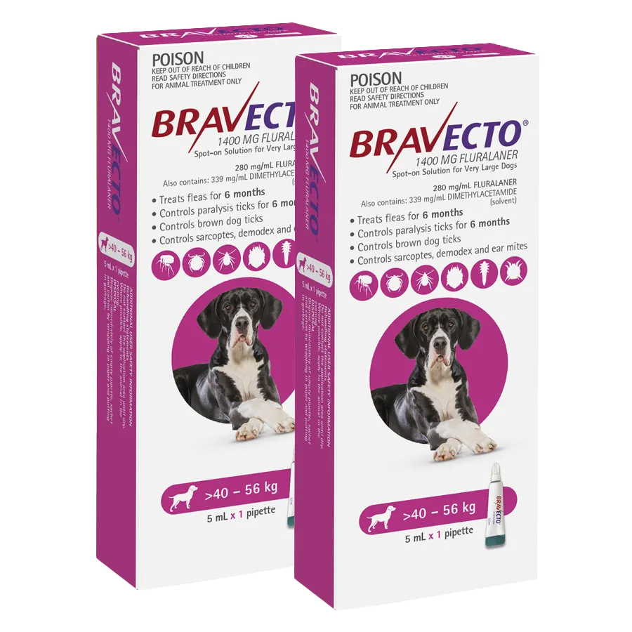 Bravecto Spot-On for Dogs 40kg-56kg (Pink) -  2 Pack Value Bundle