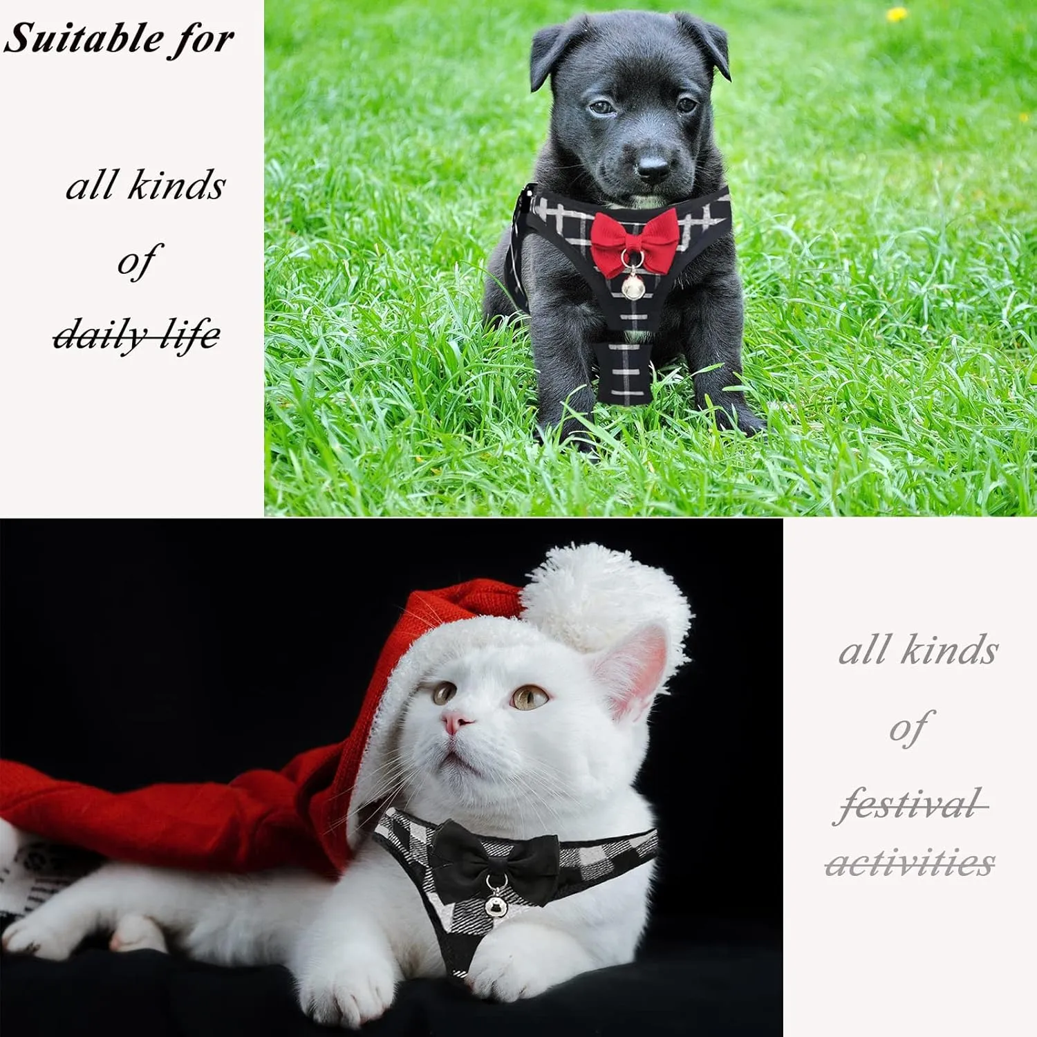 Cat Harness and Leash Escape Proof,Breathable Soft Kittens Vest for Cats Dogs, Escape Proof with Bell and Bow-Knot Decoration Christmas 