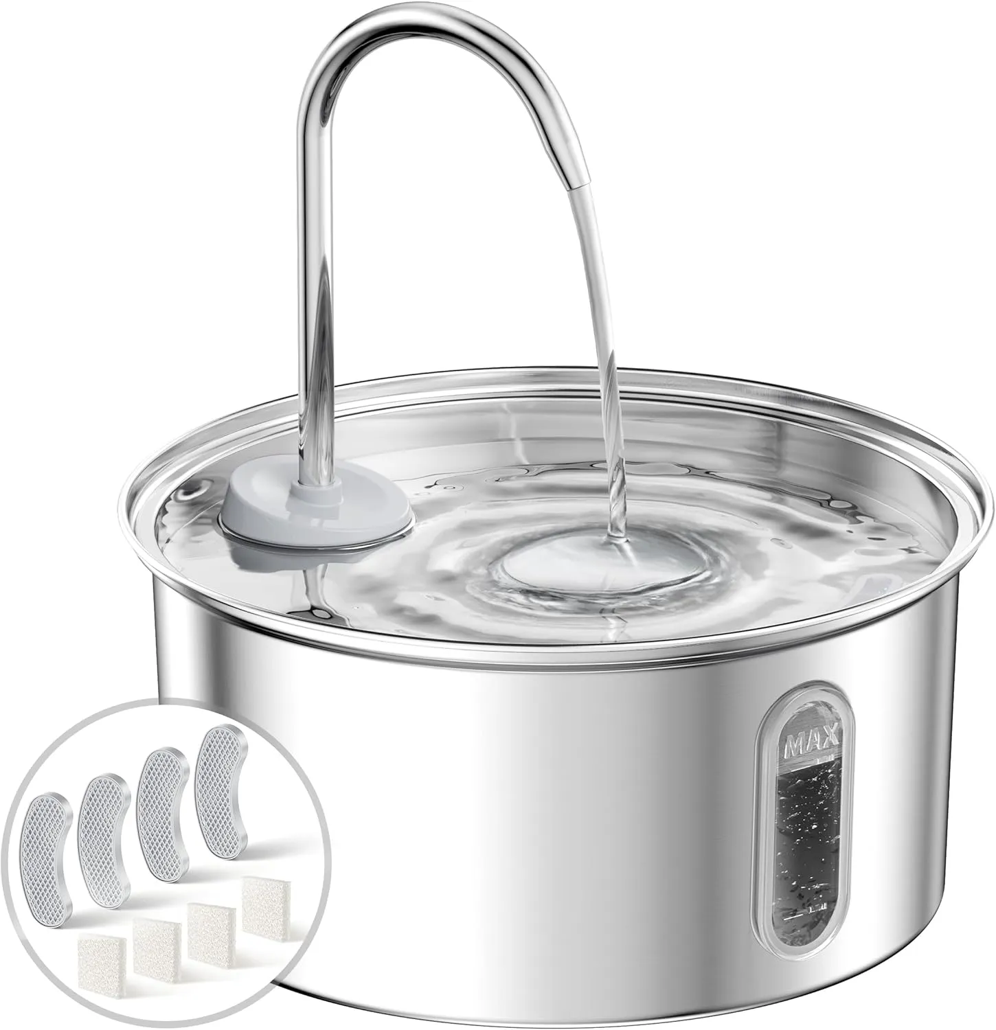 Cat Water Fountain Stainless Steel, 108oz/3.2L Cat Fountain for Drinking, Pet Fountain Water Bowl Dog Drinking Dispenser, Super Quiet Kitty Spout with 4 Filters 4 Sponges (One in Filter Tray)
