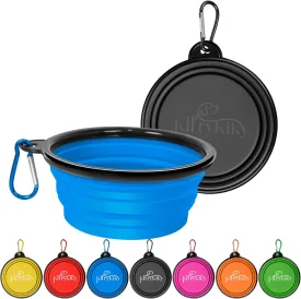 Collapsible Dog Bowls, 2 Pack Portable Travel Dog Bowls, Foldable Water Bowl for Dogs Cats, Pet Feeding Watering Dish with Carabiner, Food Grade Silicone BPA Free(Blue Black, Small)
