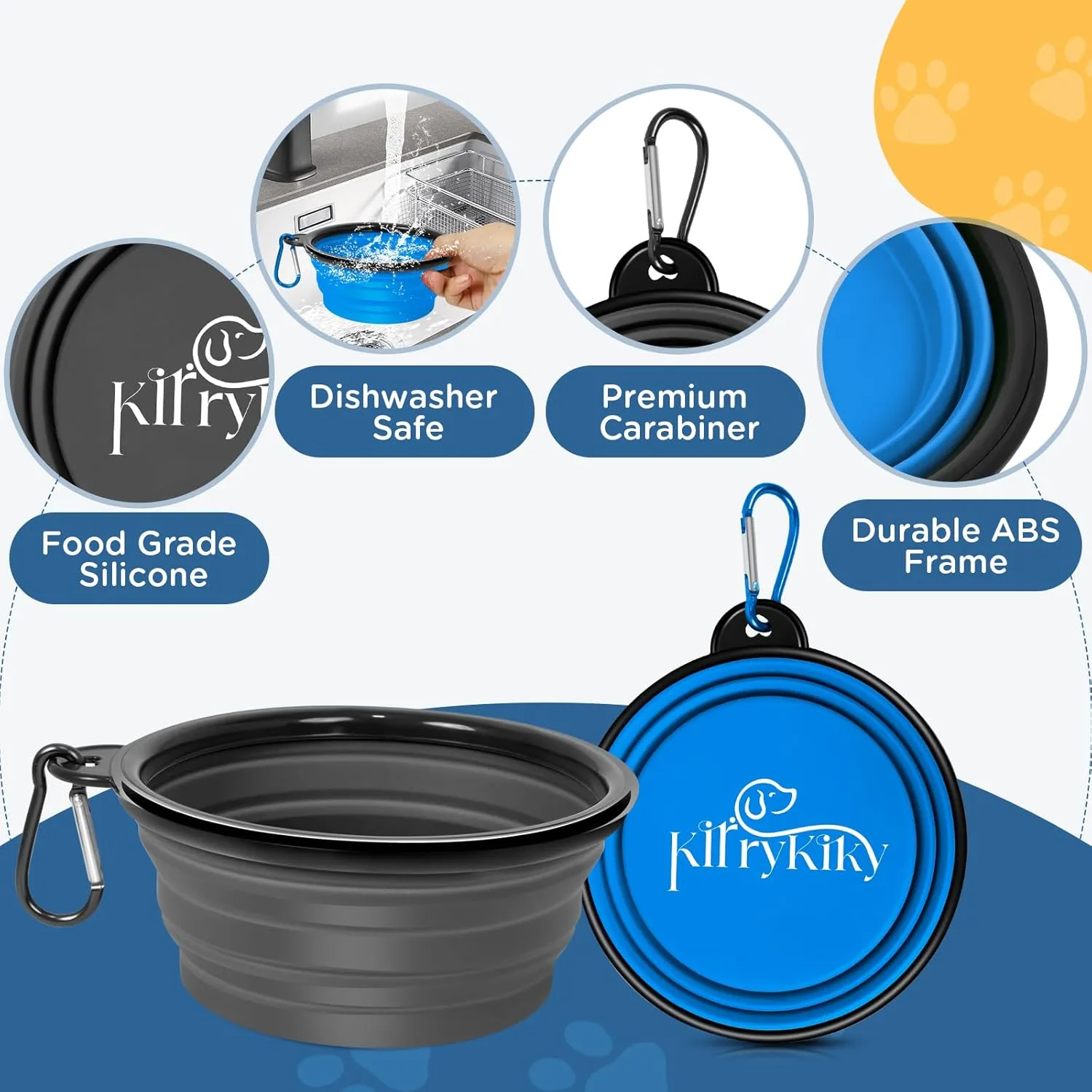 Collapsible Dog Bowls, 2 Pack Portable Travel Dog Bowls, Foldable Water Bowl for Dogs Cats, Pet Feeding Watering Dish with Carabiner, Food Grade Silicone BPA Free(Blue Black, Small)