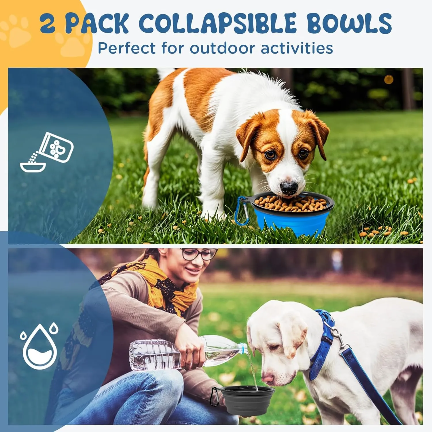 Collapsible Dog Bowls, 2 Pack Portable Travel Dog Bowls, Foldable Water Bowl for Dogs Cats, Pet Feeding Watering Dish with Carabiner, Food Grade Silicone BPA Free(Blue Black, Small)
