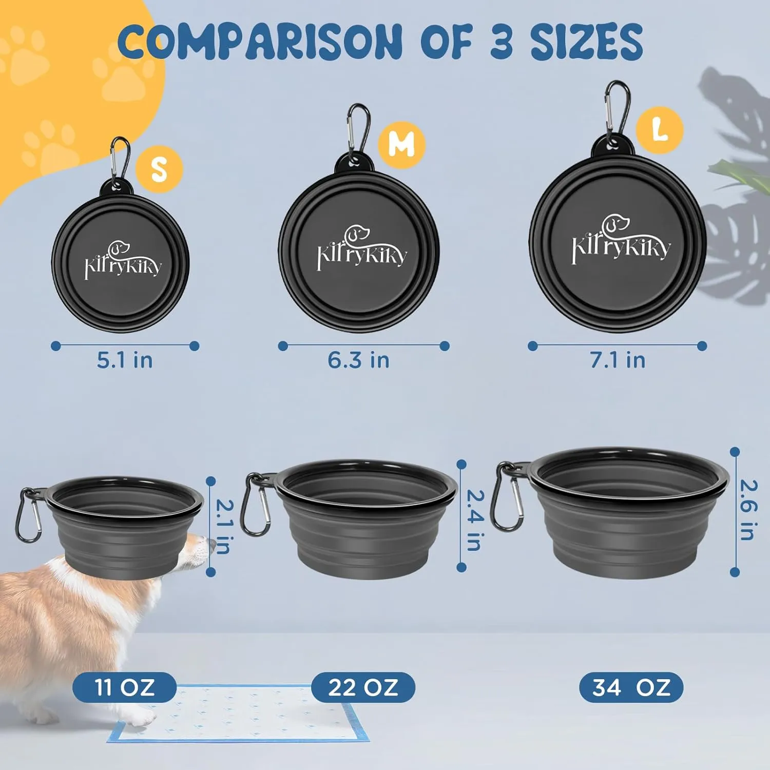 Collapsible Dog Bowls, 2 Pack Portable Travel Dog Bowls, Foldable Water Bowl for Dogs Cats, Pet Feeding Watering Dish with Carabiner, Food Grade Silicone BPA Free(Blue Black, Small)