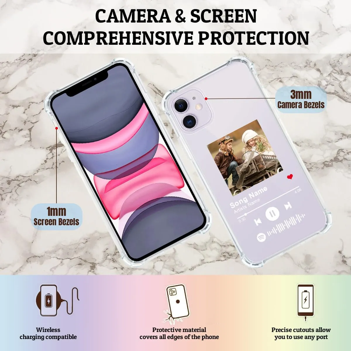Custom Spotify Code Photo Phone Case for iPhone 11 Customized Personalized Music Player Song Plaque Image Text Picture Shockproof Protective Clear Reinforced Corners Cover Shell