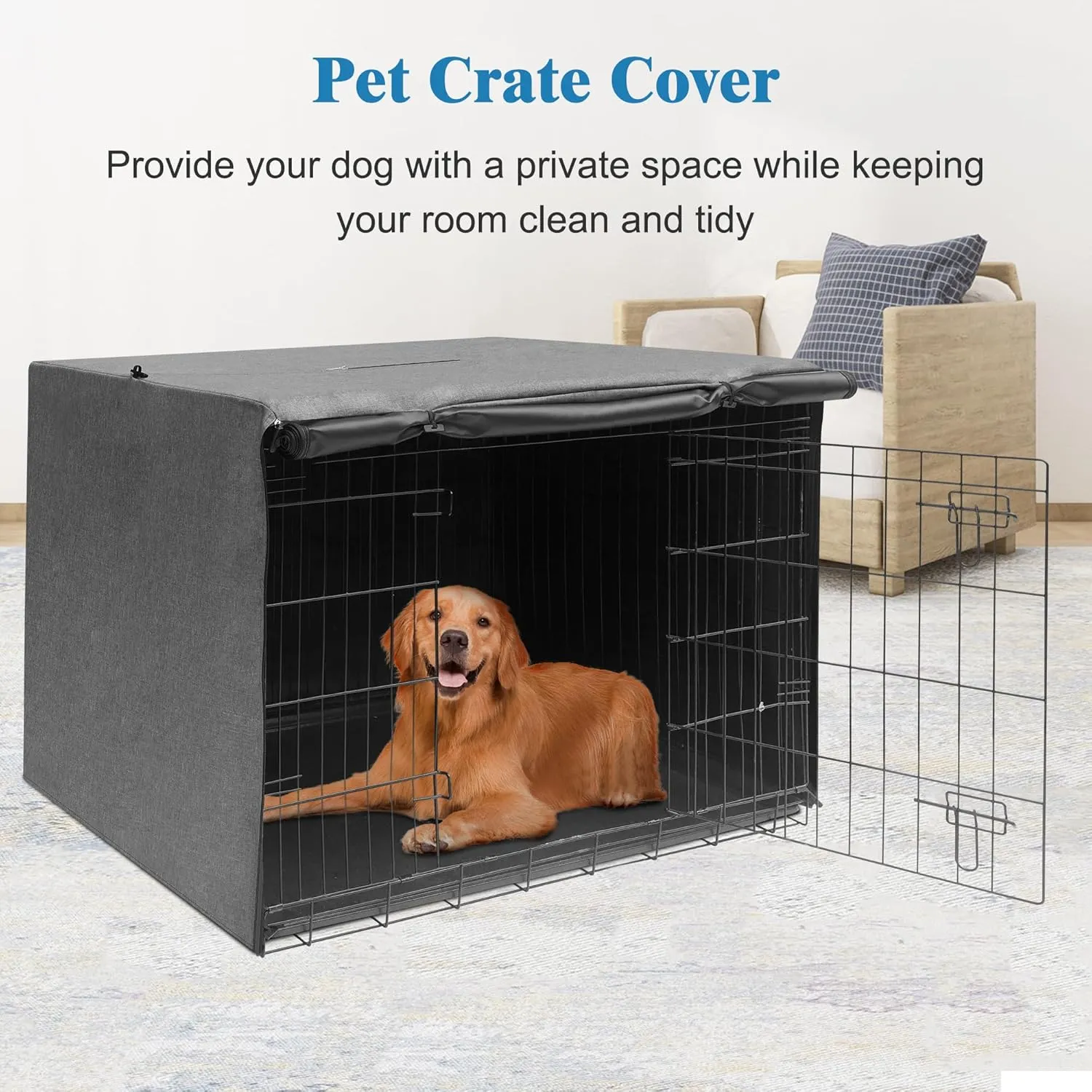 Deblue Indoor Grey Dog Crate Cover, Privacy Polyester Pet Kennel Covers Universal Fits for 1 2 Doors Wire Cage (Grey)