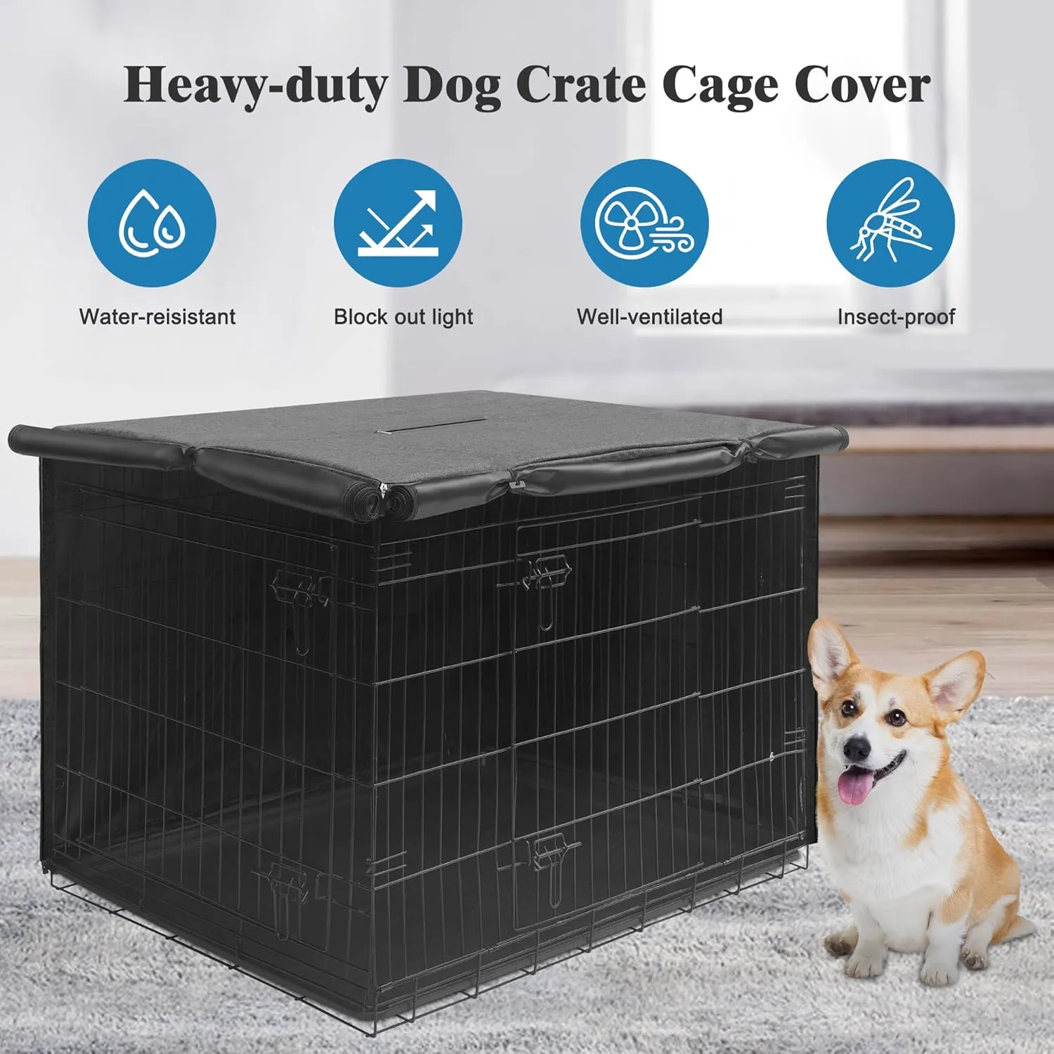Deblue Indoor Grey Dog Crate Cover, Privacy Polyester Pet Kennel Covers Universal Fits for 1 2 Doors Wire Cage (Grey)