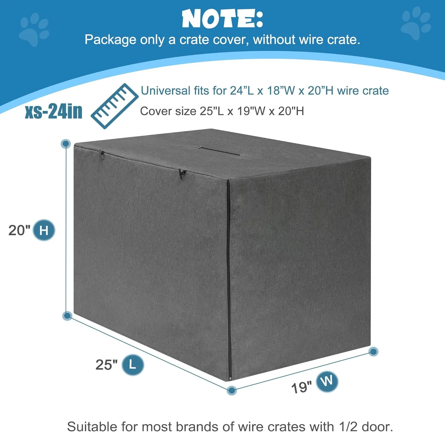 Deblue Indoor Grey Dog Crate Cover, Privacy Polyester Pet Kennel Covers Universal Fits for 1 2 Doors Wire Cage (Grey)