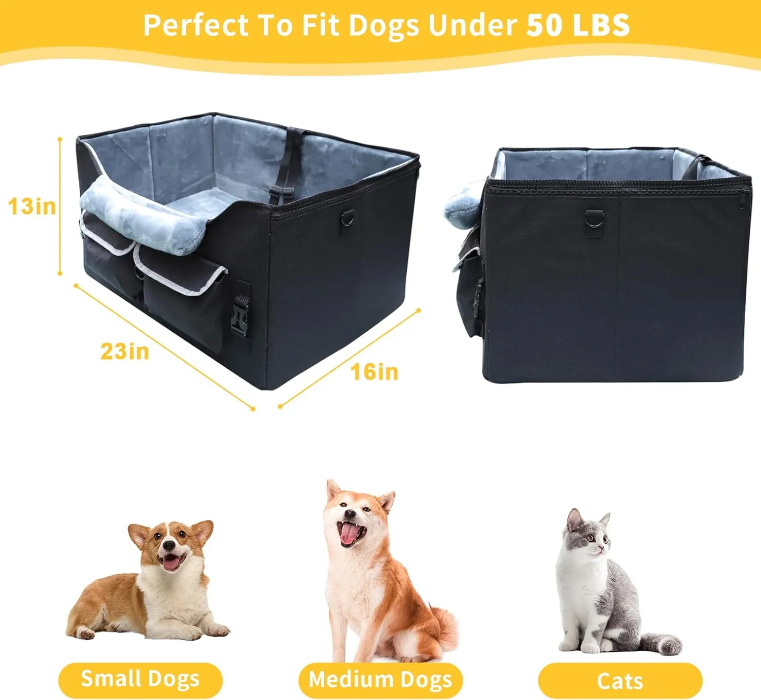 Dog Car Seat for Medium Dogs or 2 Small Dogs, Dog Booster Seat for Front and Back Seats with 2 Safety Leashes&Adjustable Safety Strap, Portable Pet Car Seat Perfect for Pets Up to 50lbs (Black)